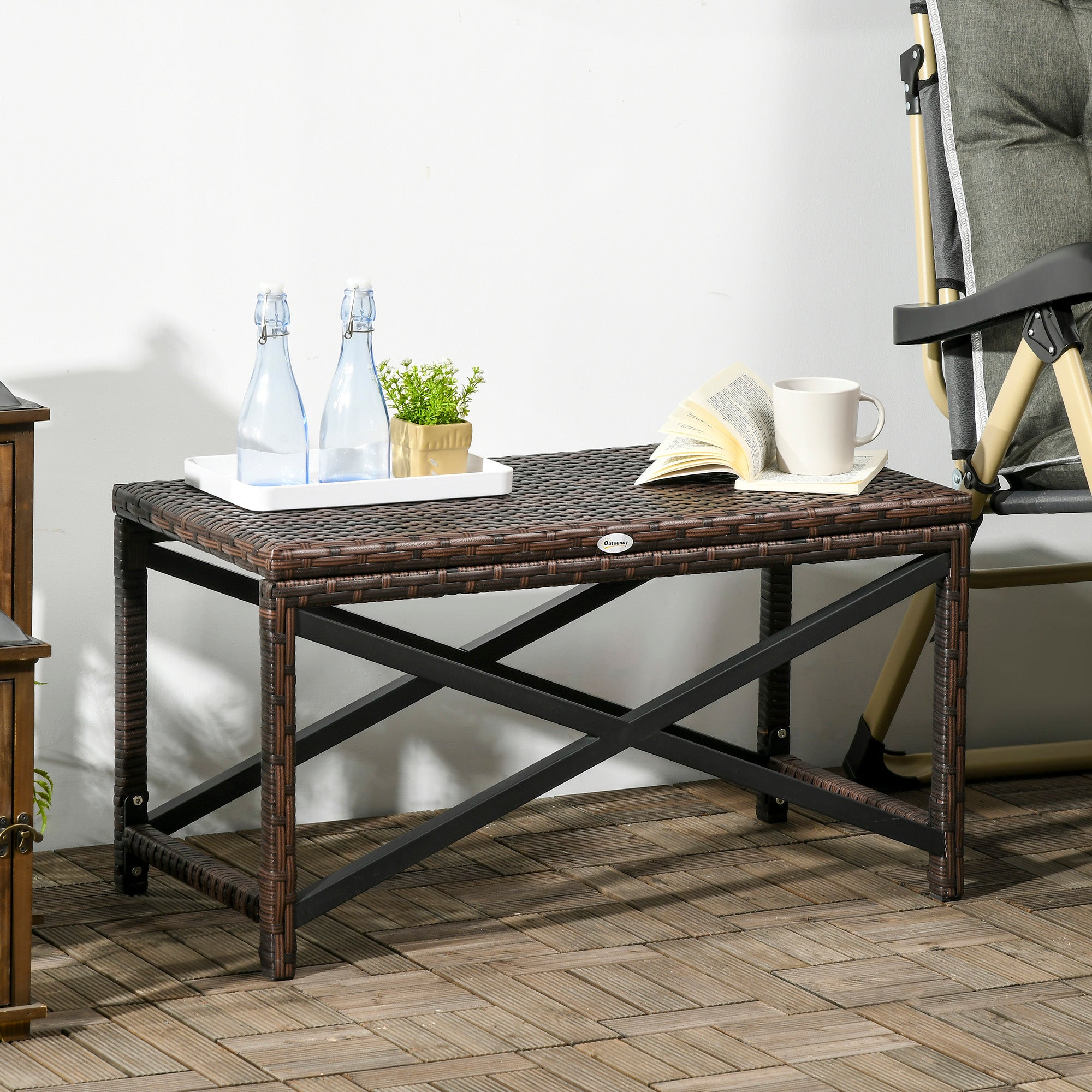 Patio Wicker End Table, Outdoor PE Rattan Side Table, with Plastic Board Under the Full Woven Table Top for Patio, Garden, Balcony, Mixed Brown