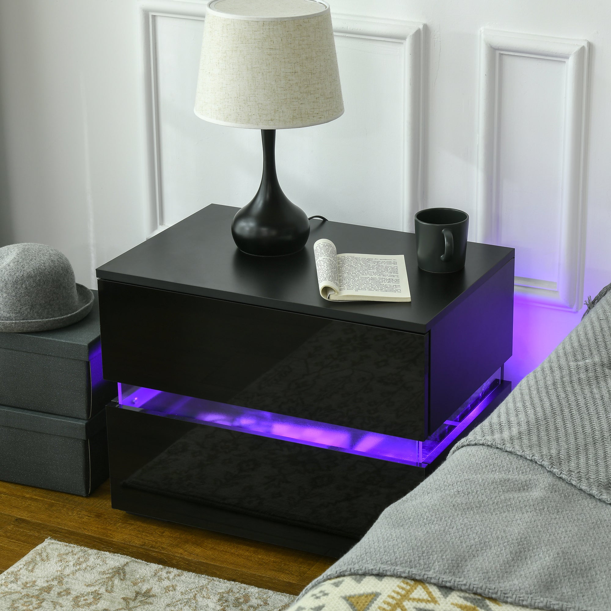 Modern Nightstand, Bedside Table with 2 Drawers, RGB LED Lights for Bedroom, Black