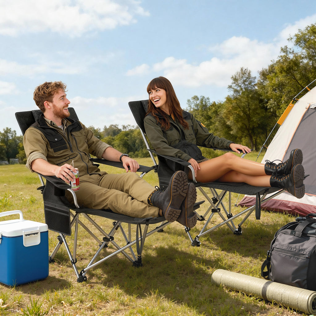 Set of 2 Reclining Camping Chair with Foot Rest, Folding Camping Chair w/ Headrest, Cup Holder, Storage Bag, Black