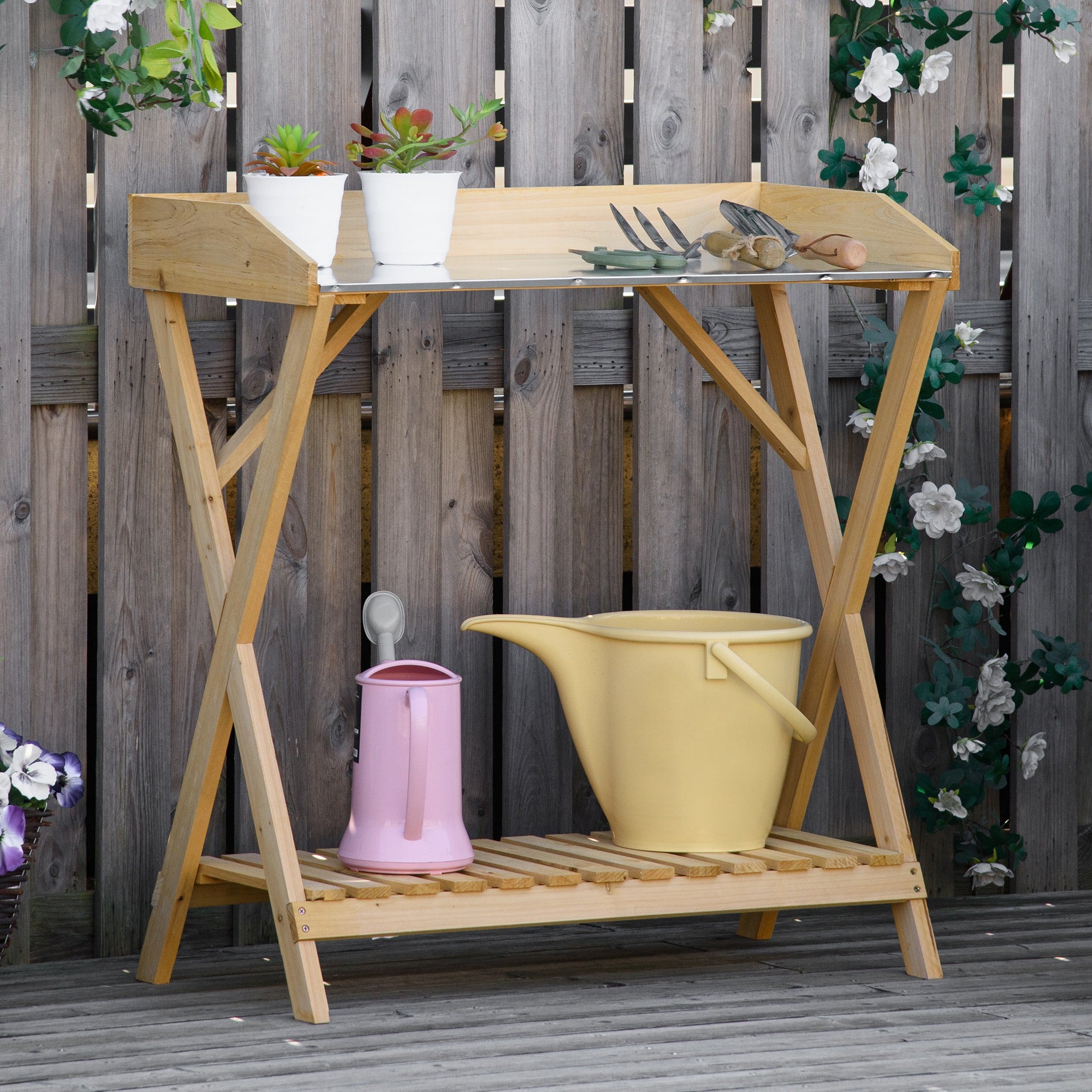Garden Potting Bench Table, Wooden Work Station, Outdoor Planting Workbench w/ Galvanized Metal Tabletop and Storage Shelf