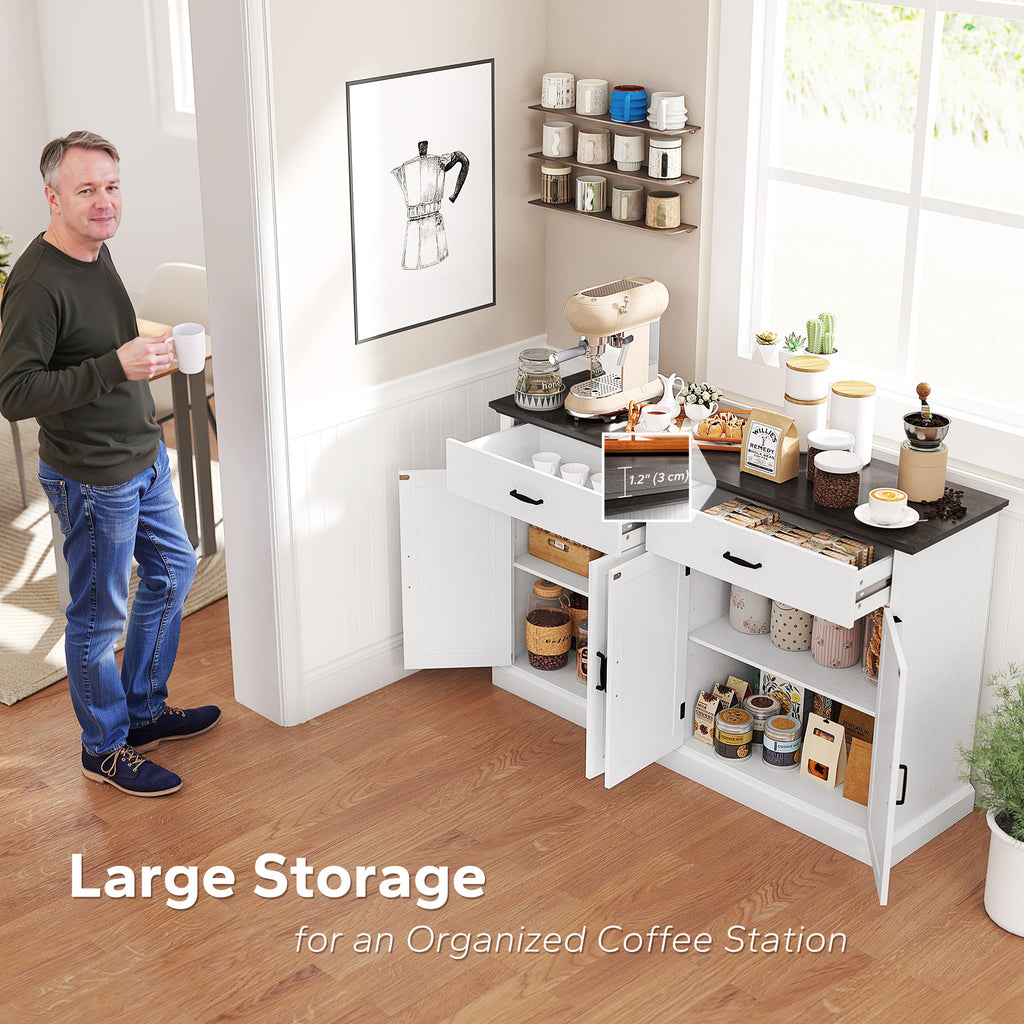 55" Buffet Cabinet, Farmhouse Sideboard with 1.2" Thick Top, 4 Barn Doors, 2 Drawers and 2 Adjustable Shelves, White