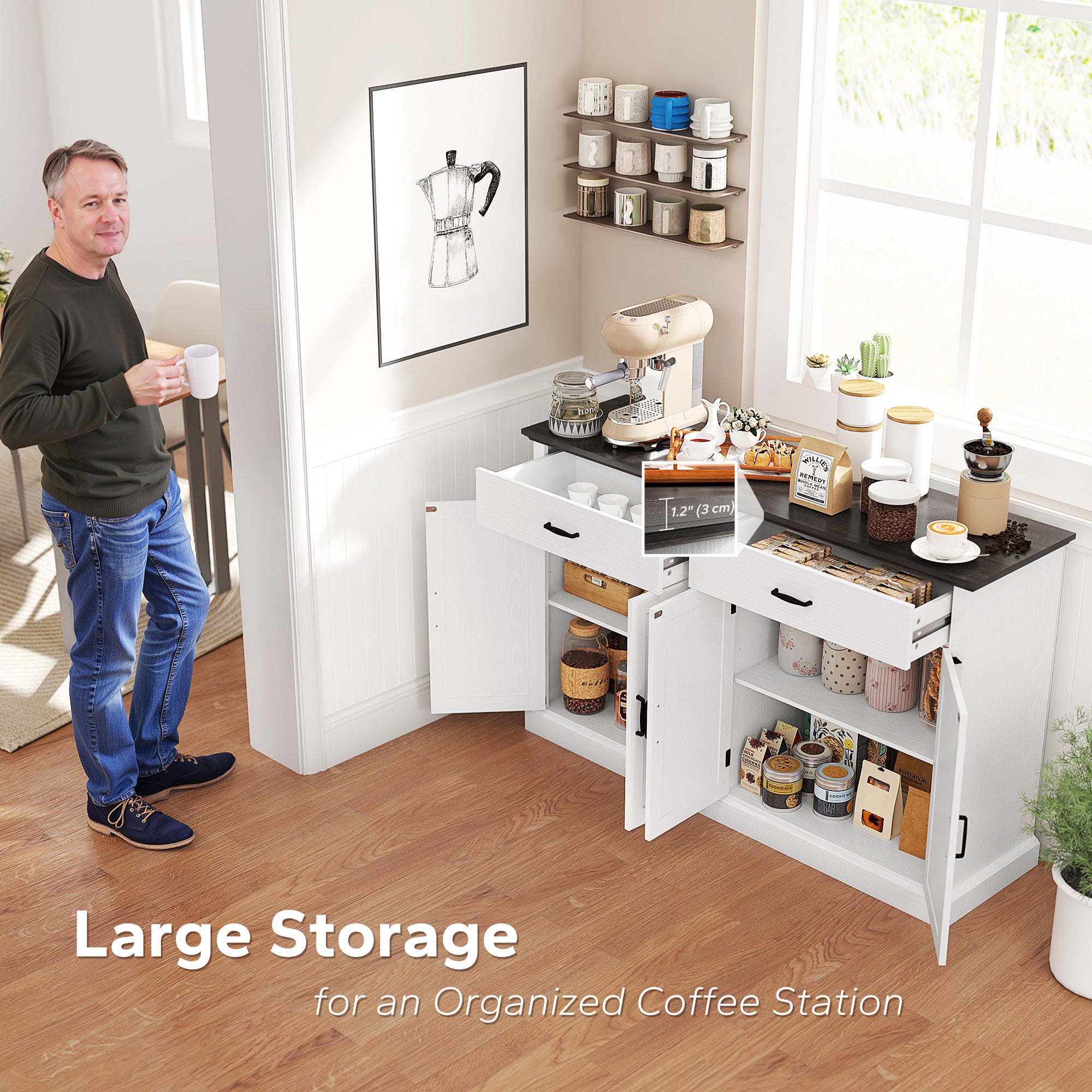 55" Buffet Cabinet, Farmhouse Sideboard with 1.2" Thick Top, 4 Barn Doors, 2 Drawers and 2 Adjustable Shelves, White