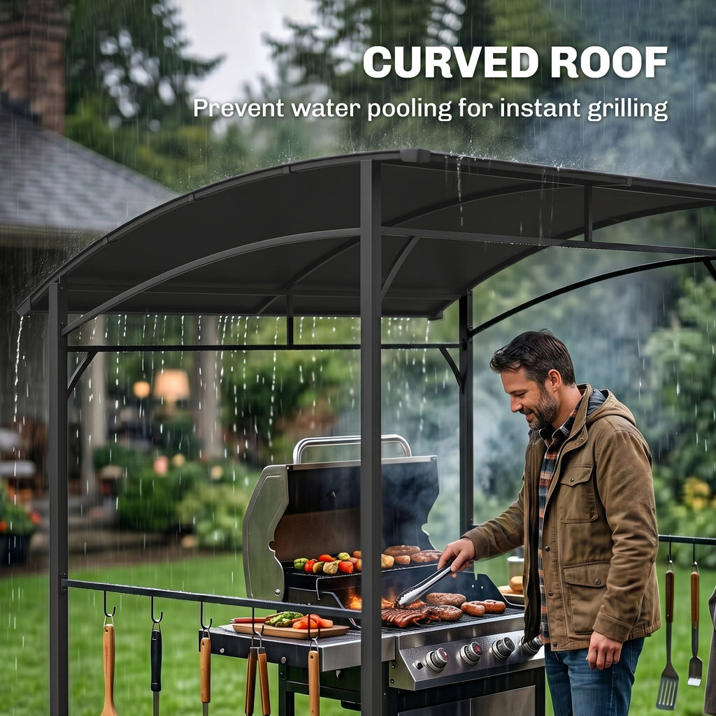 7' x 5' Garden Grill Canopy, BBQ Grill Gazebo Tent with Steel Frame and Hooks, Outdoor Sun Shade, Charcoal Grey