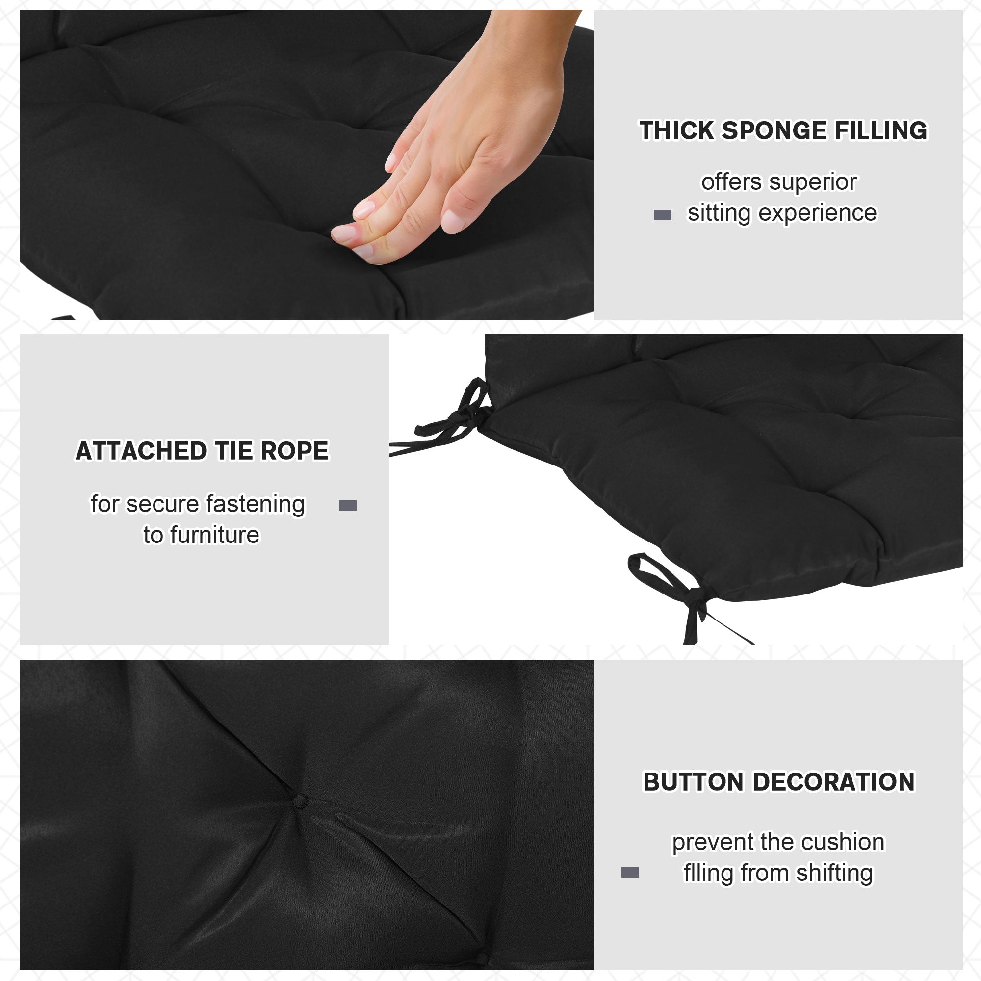 Patio Chair Cushions Set of 2, 39" x 20" x 3" Outdoor Tufted Cushion Set with Ties for Indoor Outdoor Garden Furniture, Black
