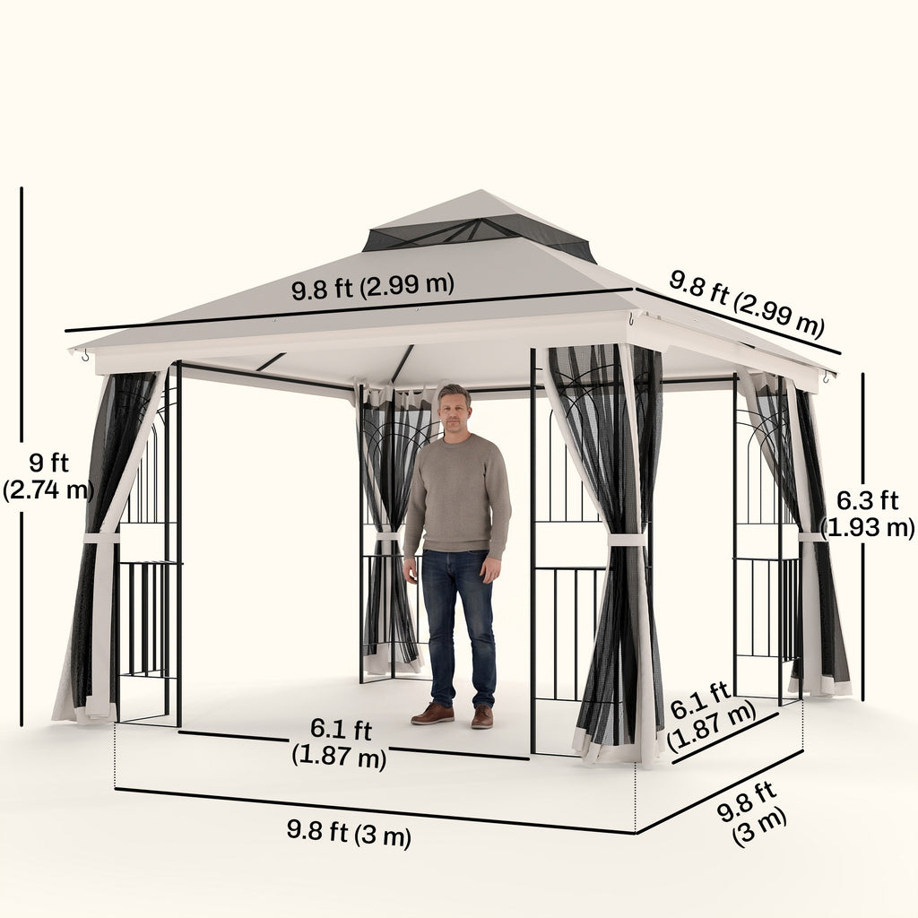 10'x10' Soft-top Patio Gazebo with Double Tier Roof, Mesh Curtains, Display Shelves, Top Hooks, Beige