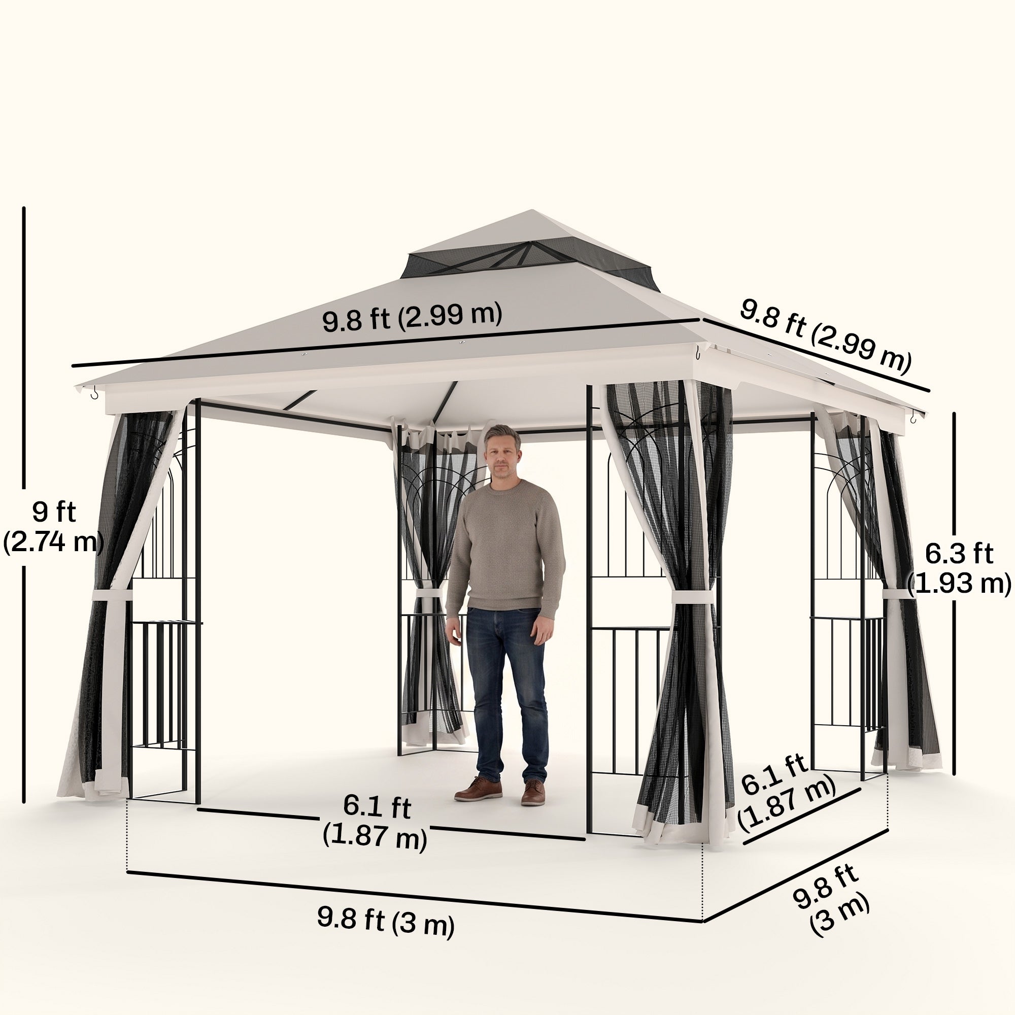 10'x10' Soft-top Patio Gazebo with Double Tier Roof, Mesh Curtains, Display Shelves, Top Hooks, Beige