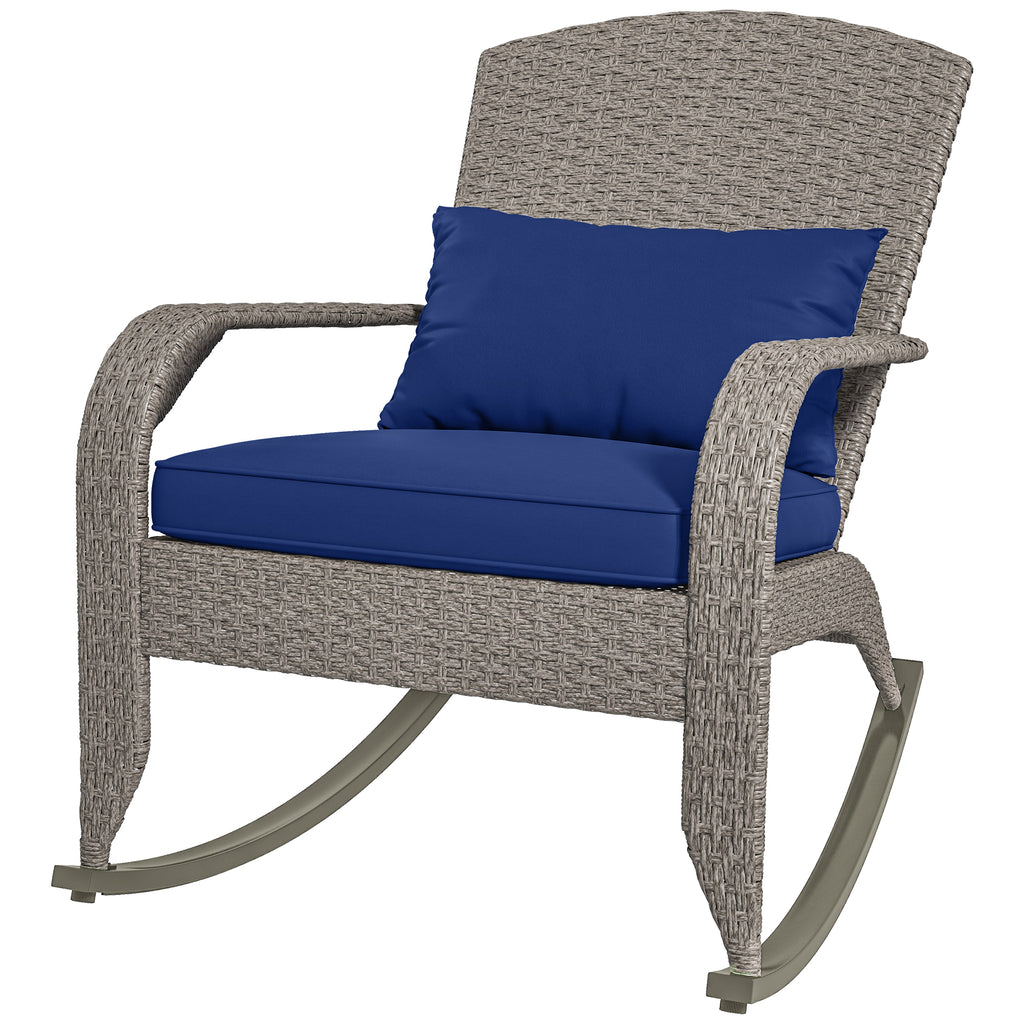 Adirondack Chair, Outdoor Wicker Rocking Chair with High Back, Seat Cushion and Pillow for Porch, Balcony, Dark Blue