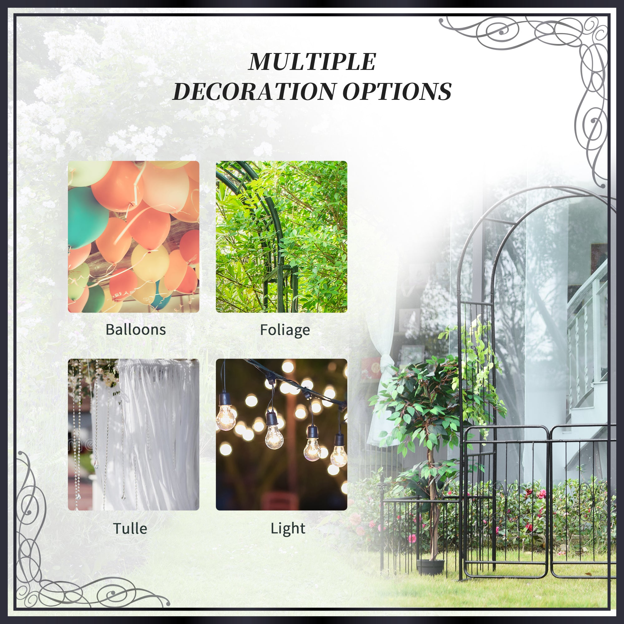 7.2FT Metal Garden Arch with Gate, 2 Side Planter Baskets, Garden Arbor Archway Trellis for Roses and Climbing Plants, Black