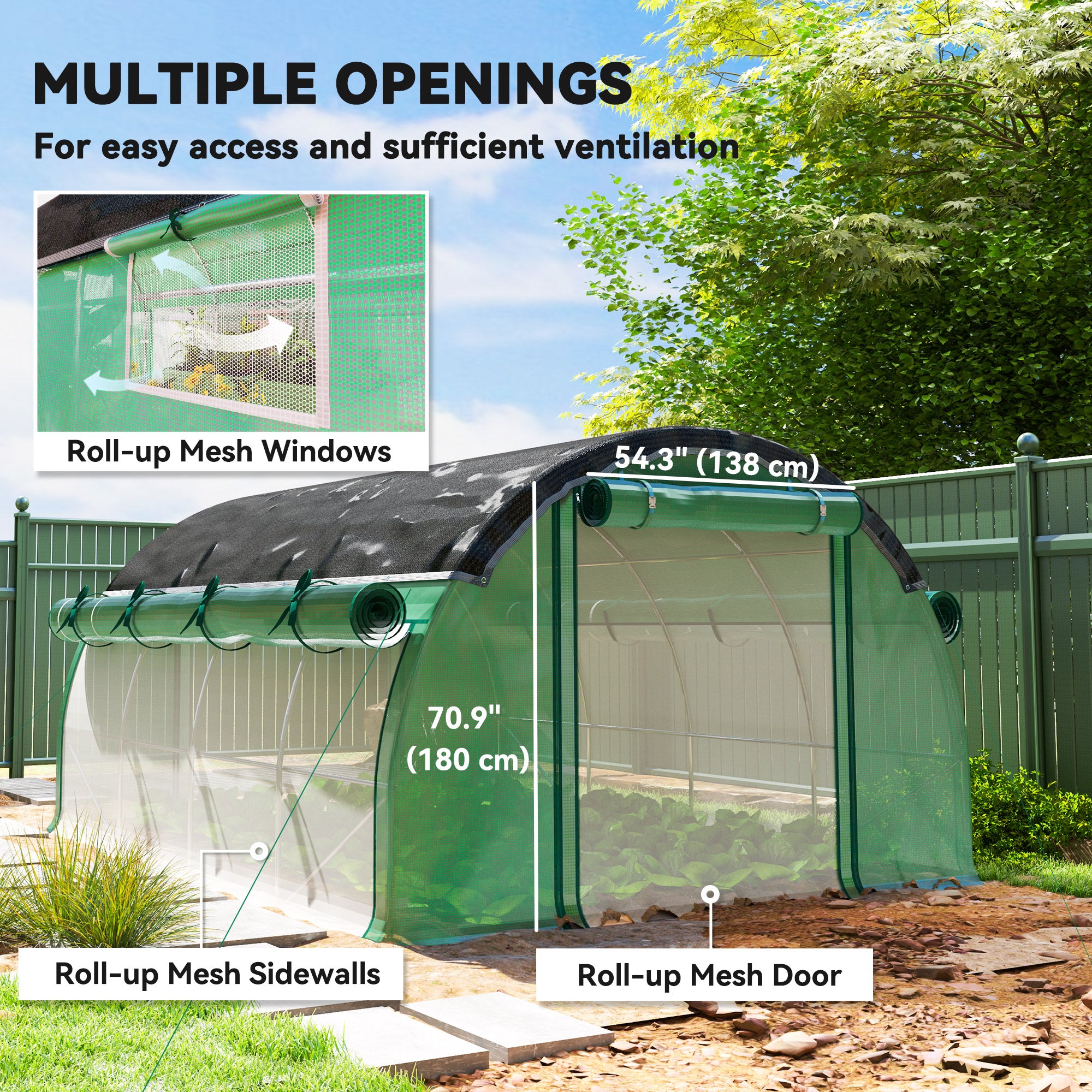 Walk-in Tunnel Greenhouse, Plant Hot House with Sunshade Net, Roll-up Mesh Sidewalls, 2 Doors, 10' x 13' x 6.5' , Green