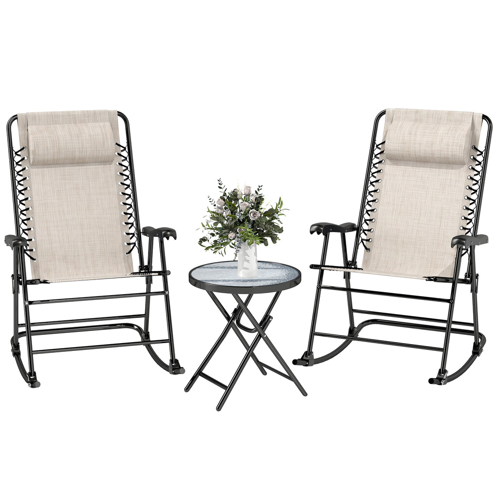 3pc Patio Rocking Chair Set, Folding Outdoor Rocking Chairs and Table Bistro Set w/ Breathable Mesh Seat & Backrest, Headrest for Park, Backyard, Garden, Cream White