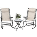 3pc Patio Rocking Chair Set, Folding Outdoor Rocking Chairs and Table Bistro Set w/ Breathable Mesh Seat & Backrest, Headrest for Park, Backyard, Garden, Cream White