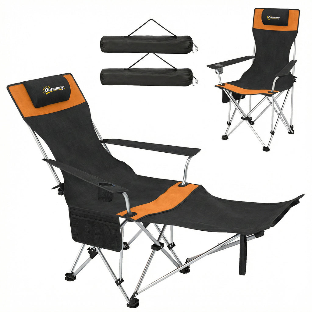 Set of 2 Reclining Camping Chair with Foot Rest, Folding Camping Chair w/ Headrest, Cup Holder, Storage Bag, Orange