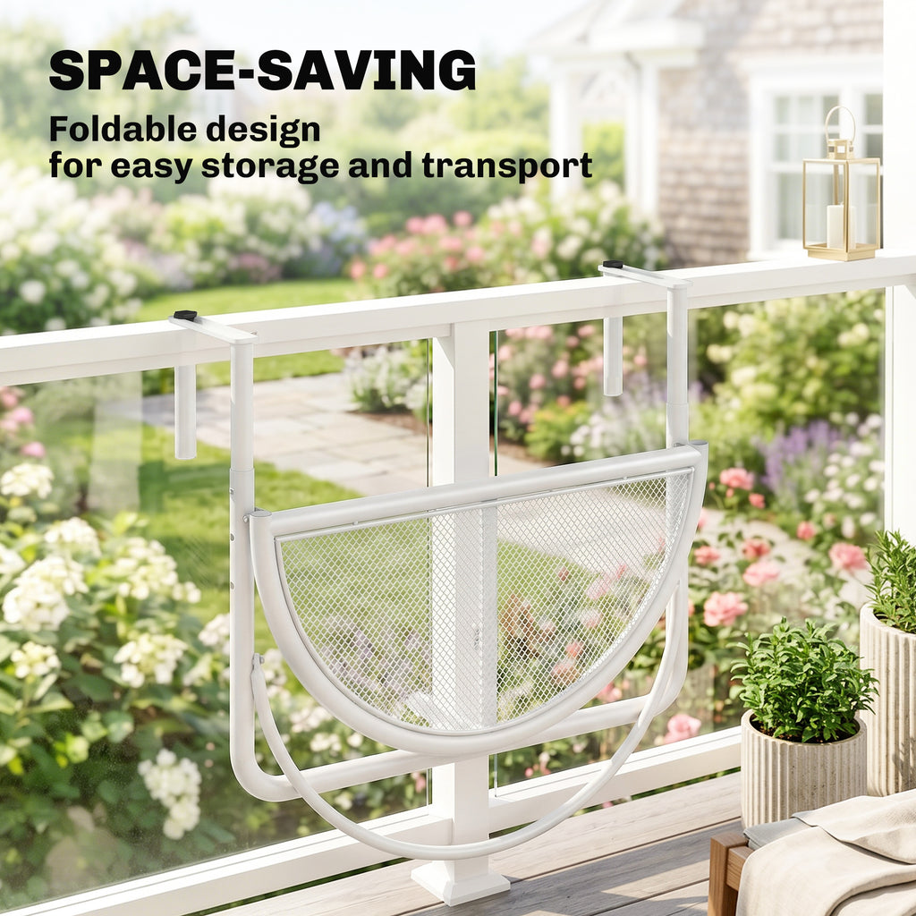 Adjustable Balcony Hanging Railing Table, Metal Mounting Mini Wall Desk Storage Rack, Outdoor Flower Stand Serving Table Half Round, White