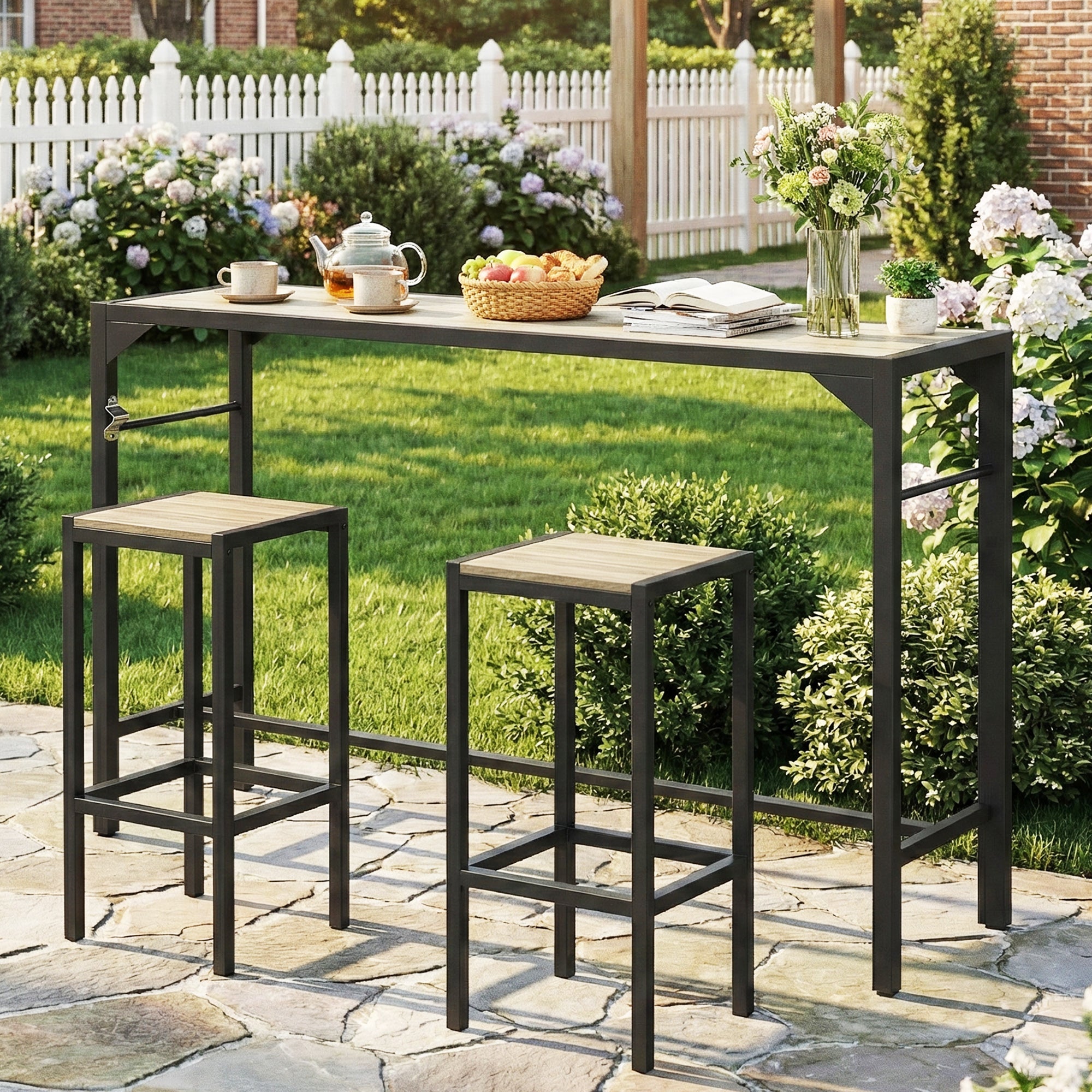 Bar Height Outdoor Table with Built-In Bottle Opener, Patio Bar Table with Wood Grain Plastic Top, 55" x 15" x 39"