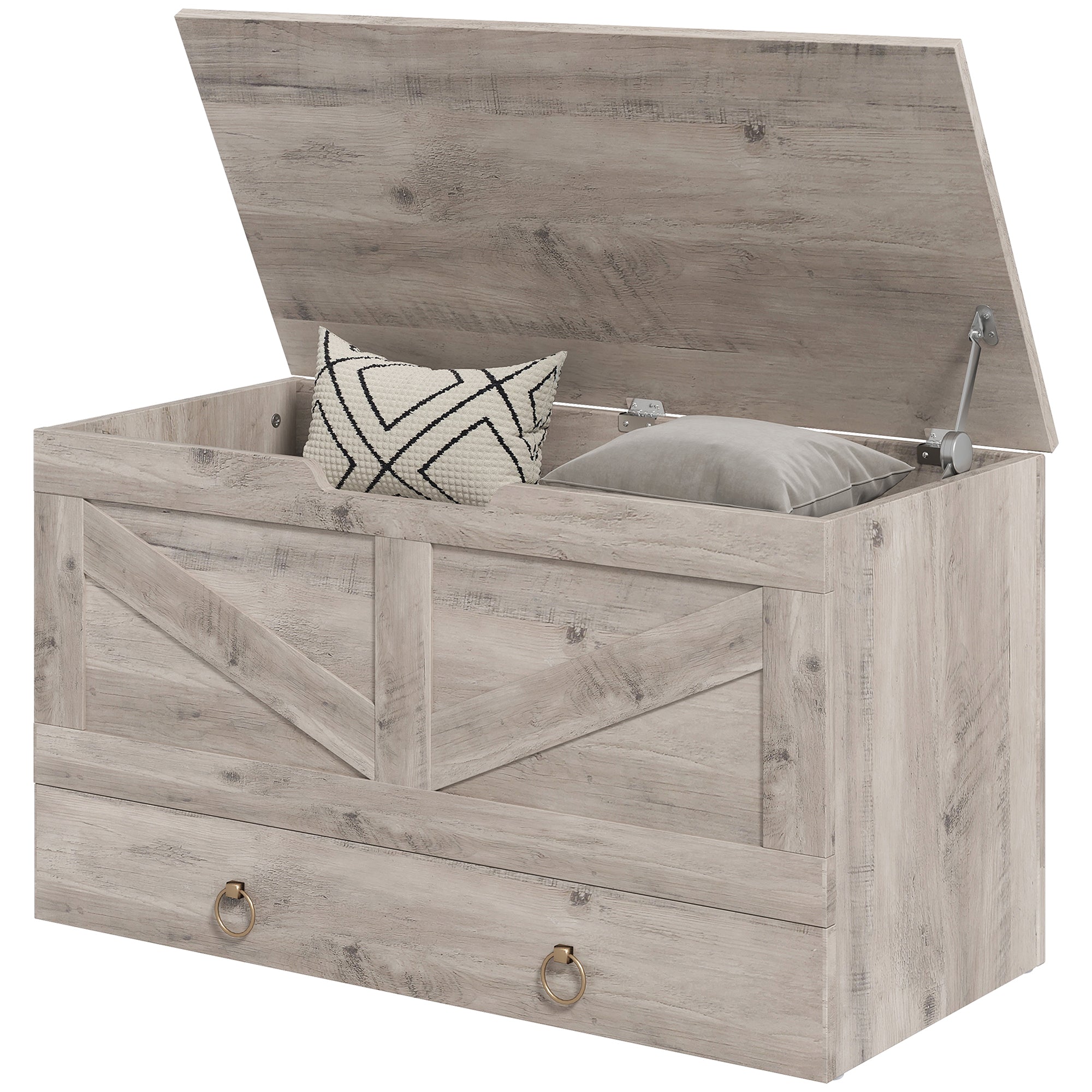 31.5 Inches Storage Chest, Storage Trunk with 2 Safety Hinges for Living Room, Grey Wood Grain