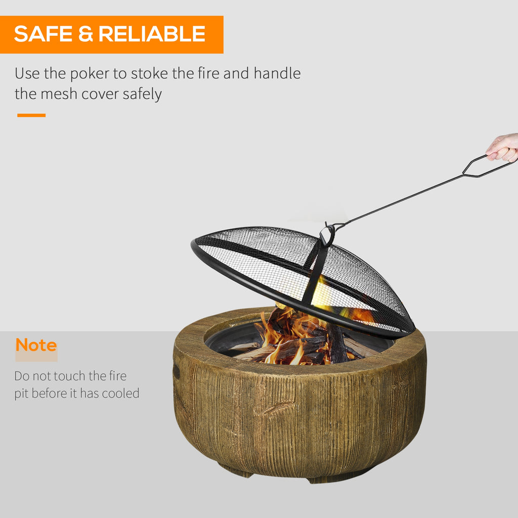 Outdoor Fire Pit, 24 Inch Metal Wood Burning Fireplace with Spark Cover, Poker, Woodgrain Design, Light Brown