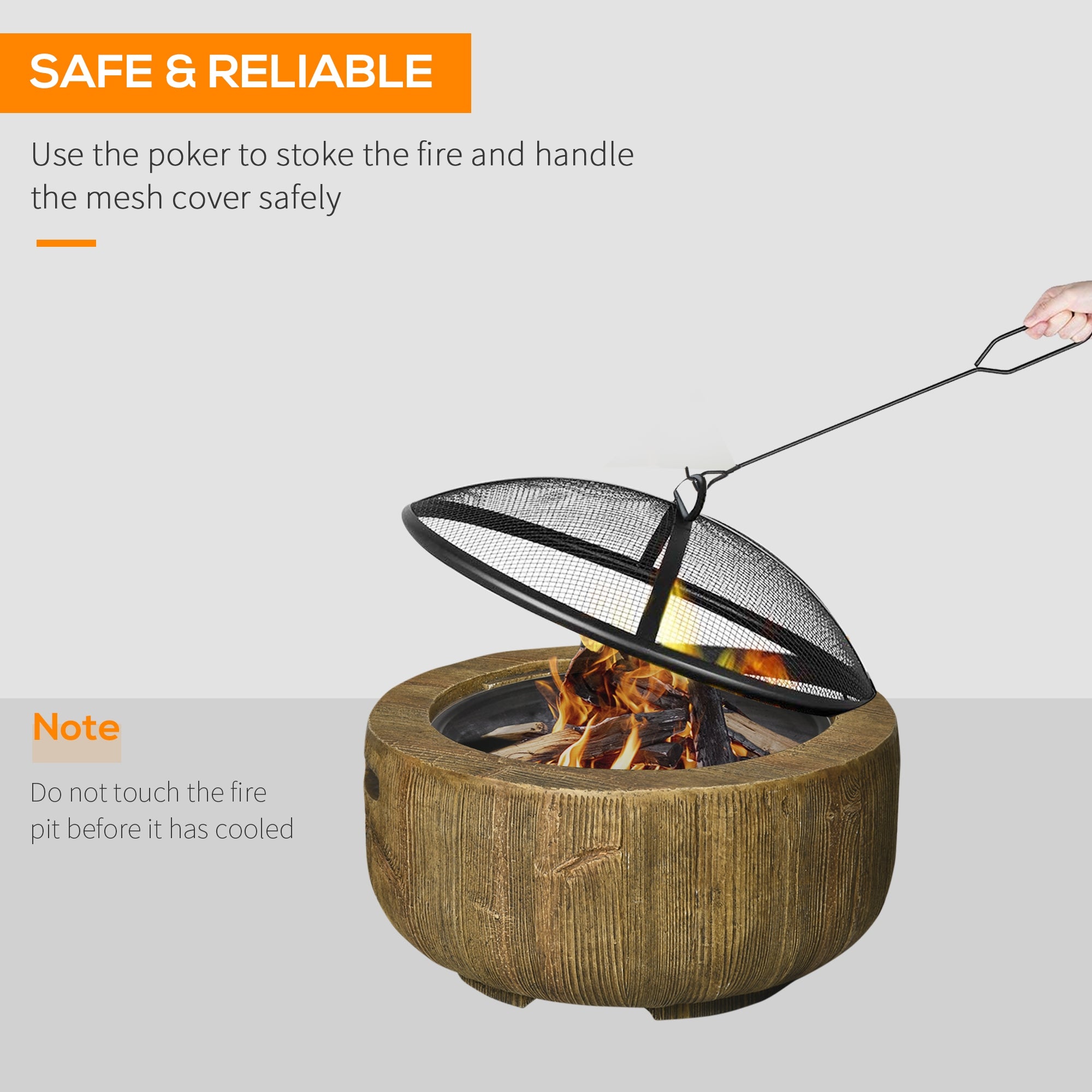 Outdoor Fire Pit, 24 Inch Metal Wood Burning Fireplace with Spark Cover, Poker, Woodgrain Design, Light Brown