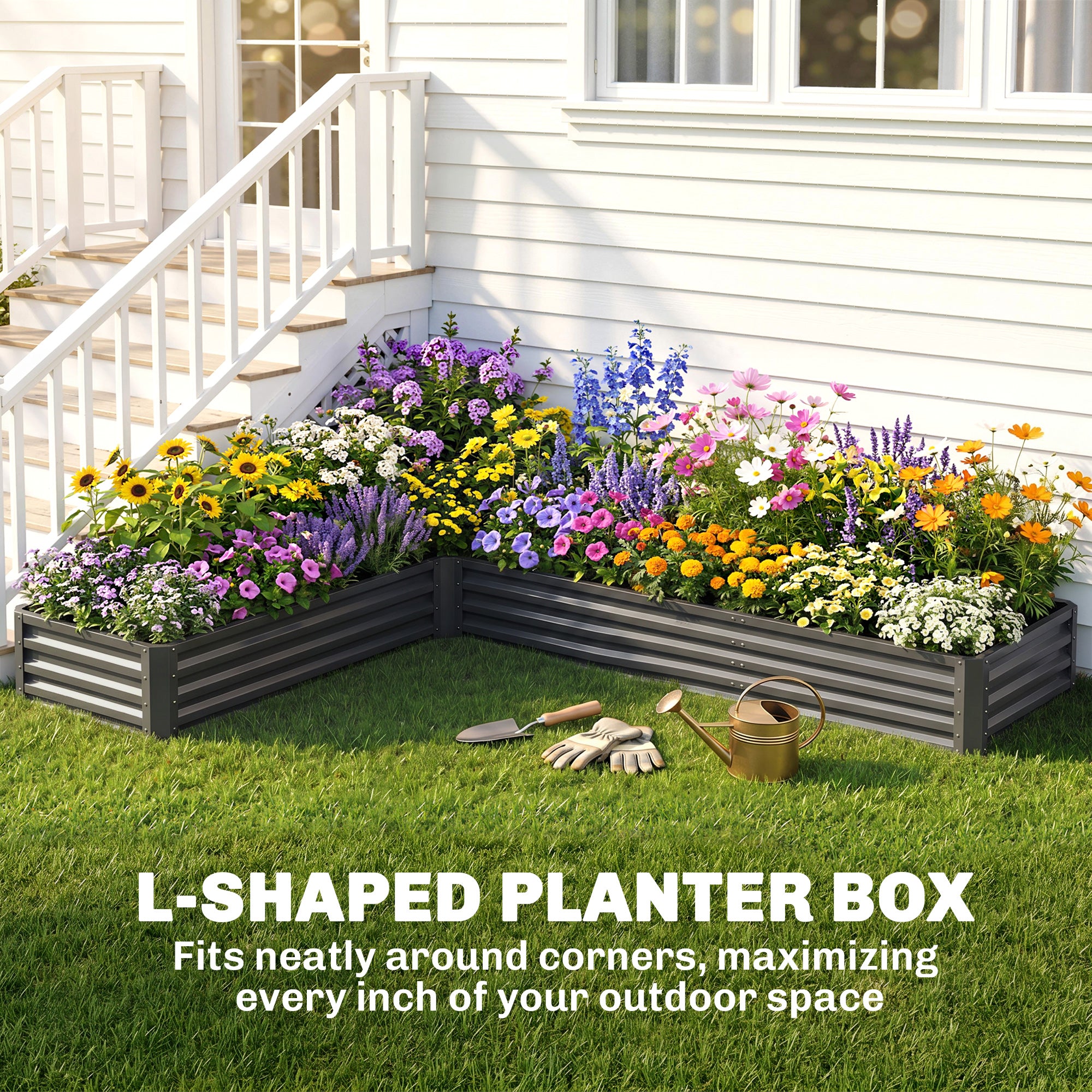 L-Shaped Raised Garden Bed, 82" x 109" x 12" Galvanized Steel Planter Box with Multi-reinforced Rods for Vegetables, Flowers and Herbs, Dark Grey