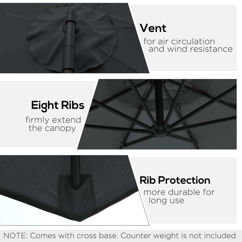 9.7ft Offset Patio UmbrellaCantilever Parasol with Crank Handle, 8 Ribs and Cross Base for Outdoor, Sun Shade, Black