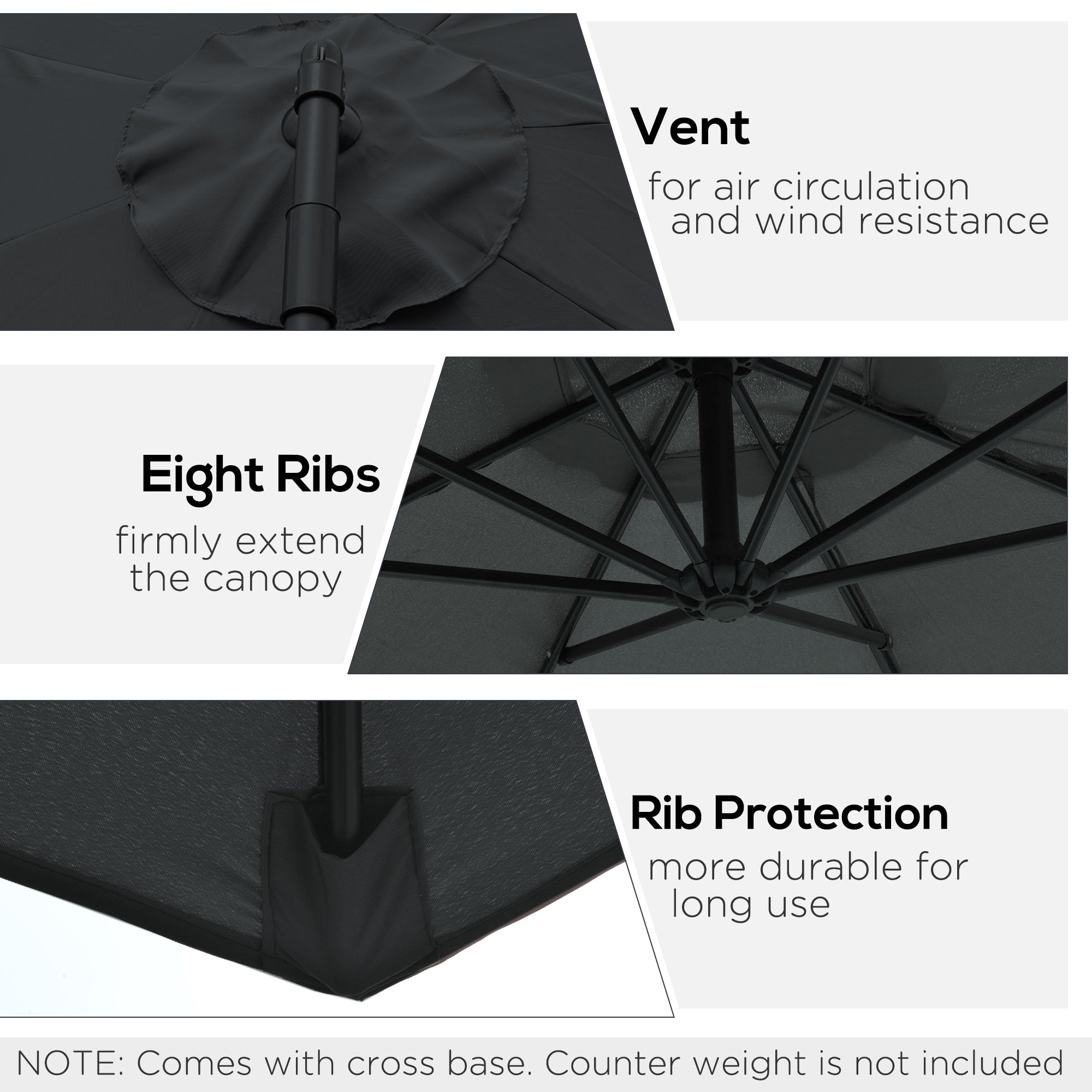 9.7ft Offset Patio UmbrellaCantilever Parasol with Crank Handle, 8 Ribs and Cross Base for Outdoor, Sun Shade, Black