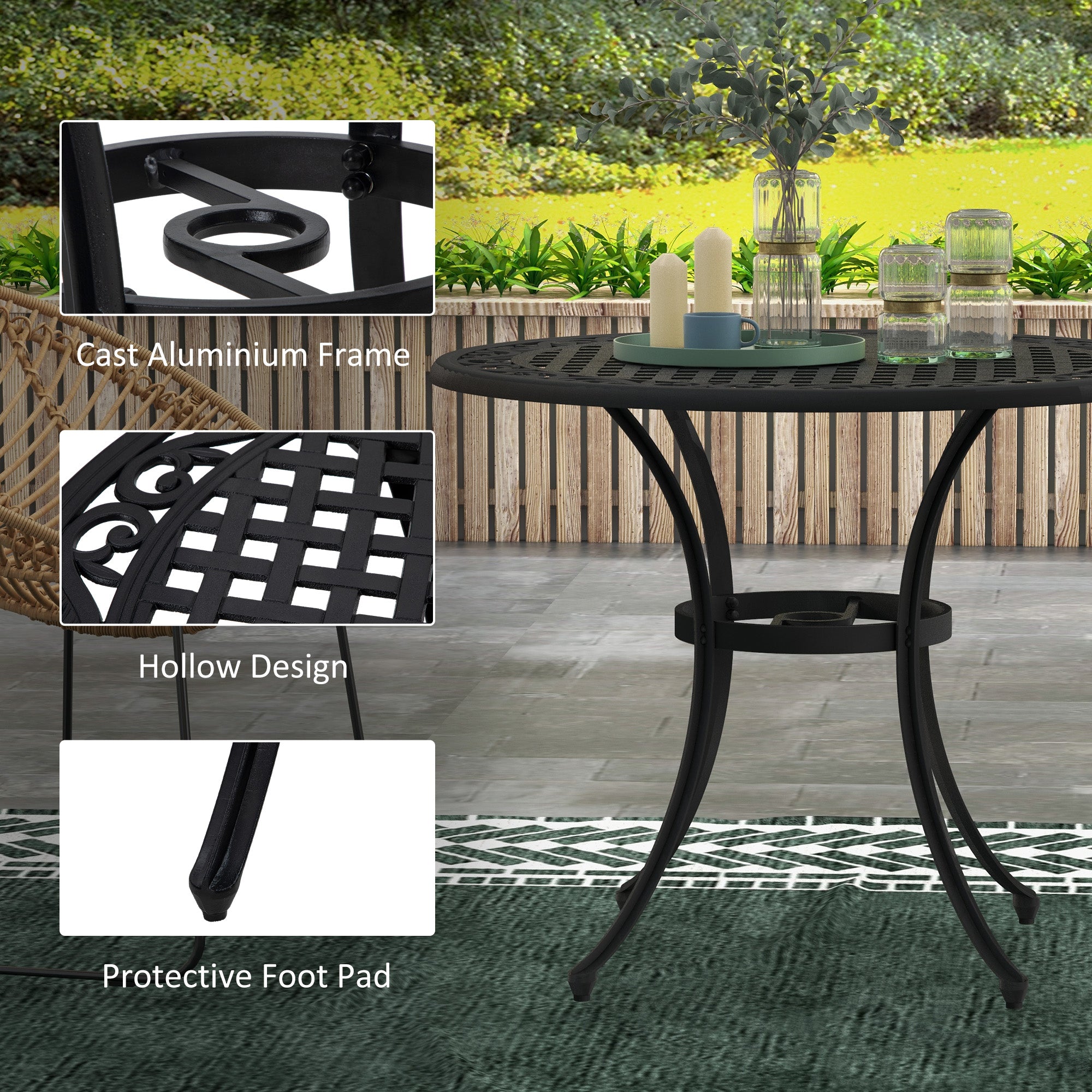 35.5" Round Outdoor Dining Table for 2-4, Cast Aluminum Garden Patio Table with 2" Umbrella Hole, Grid Top, Black