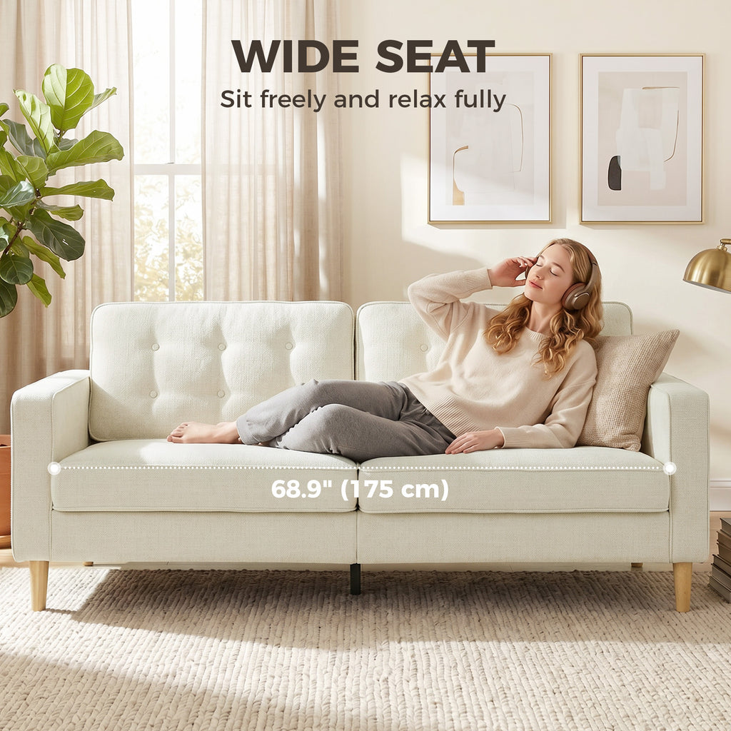 3 Seater Sofa Upholstered with Padded Cushion Modern Button Tufted Couch with Wood Legs, Cream White