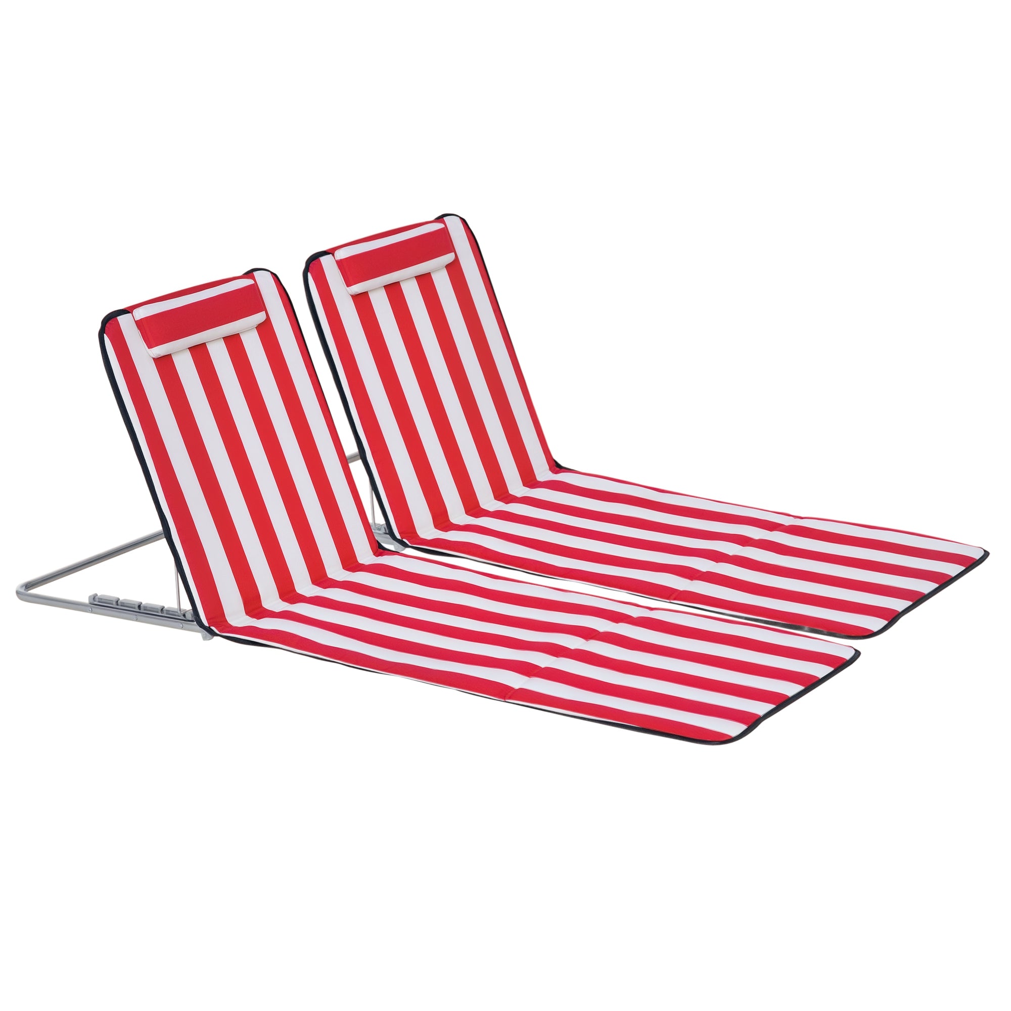 Set of 2 Beach Lounge Chair Sun Lounger, Folding Ground Beach Mat w/ Adjustable Back, Steel Frame, Head Pillow and Carry Bag for Backyard Lakeside, Red and White