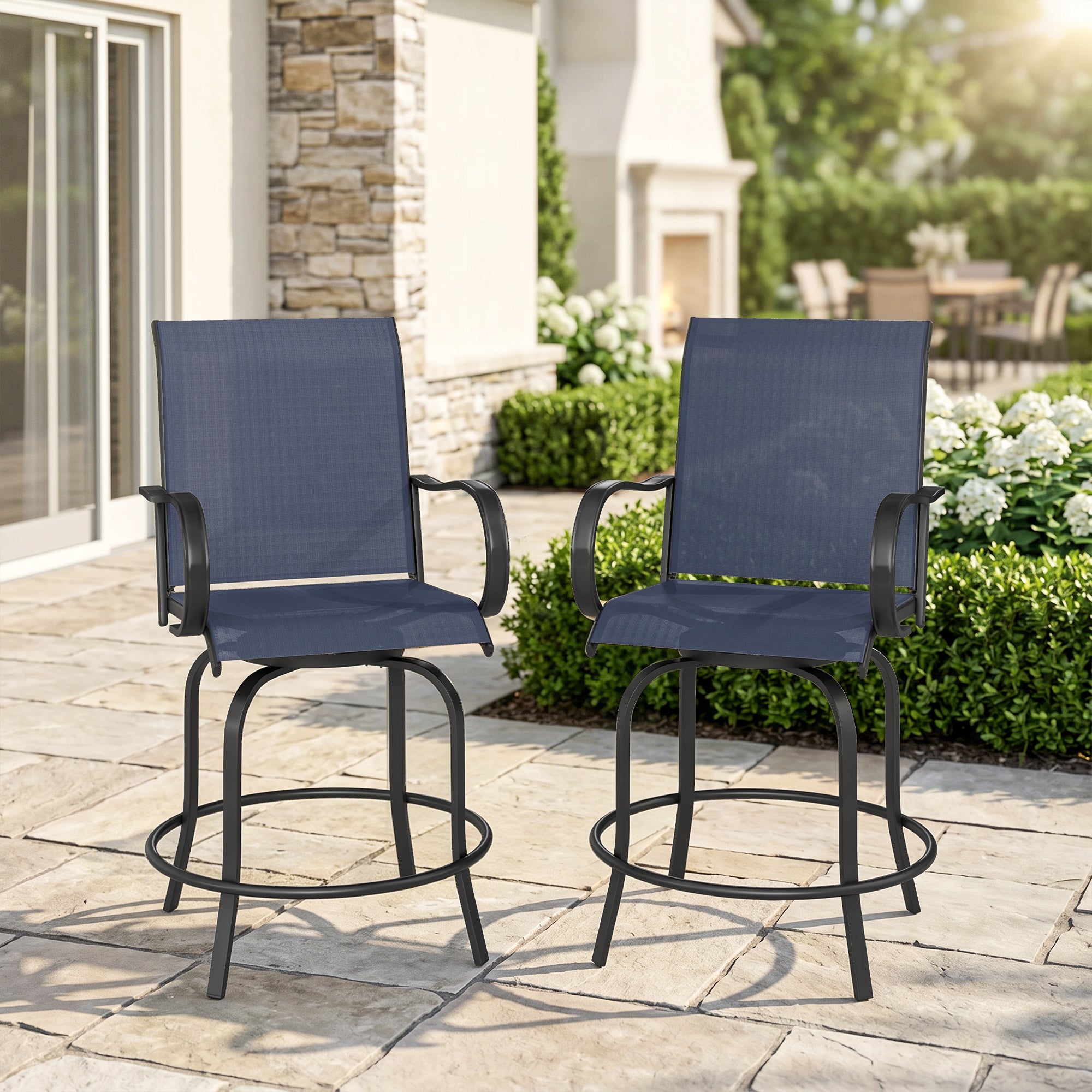 Outdoor Bar Stools Set of 2, 360Â° Swivel Bar Height Chairs, 26.8" x 29.5" x 48.4", Navy Blue
