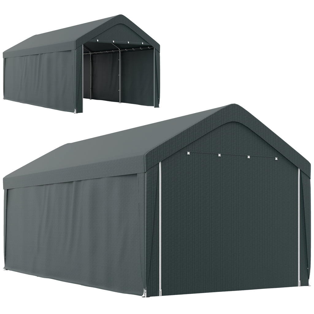Carport, 10 x 20 ft Portable Garage with 2 Roll-Up Doors and Removable Sidewalls for Car, Truck, Boat, Dark Grey
