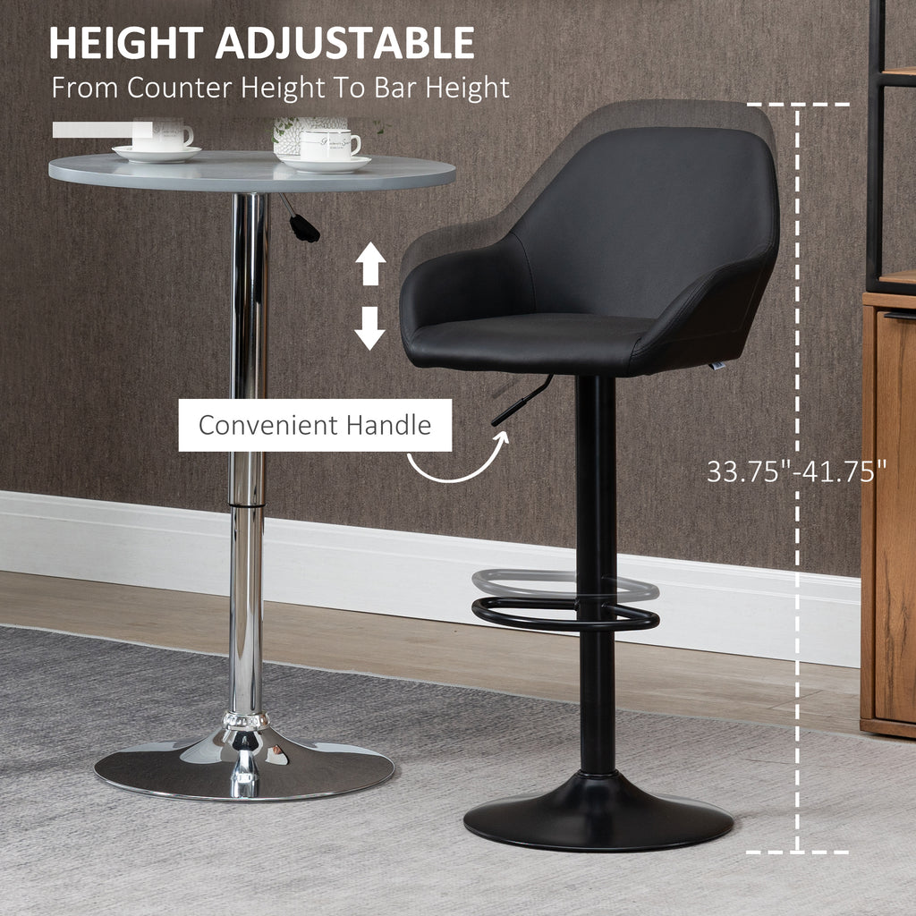 Adjustable Bar Stools Set of 2, Swivel Barstools with Footrest and Back, PU Leather and Steel Round Base, Black