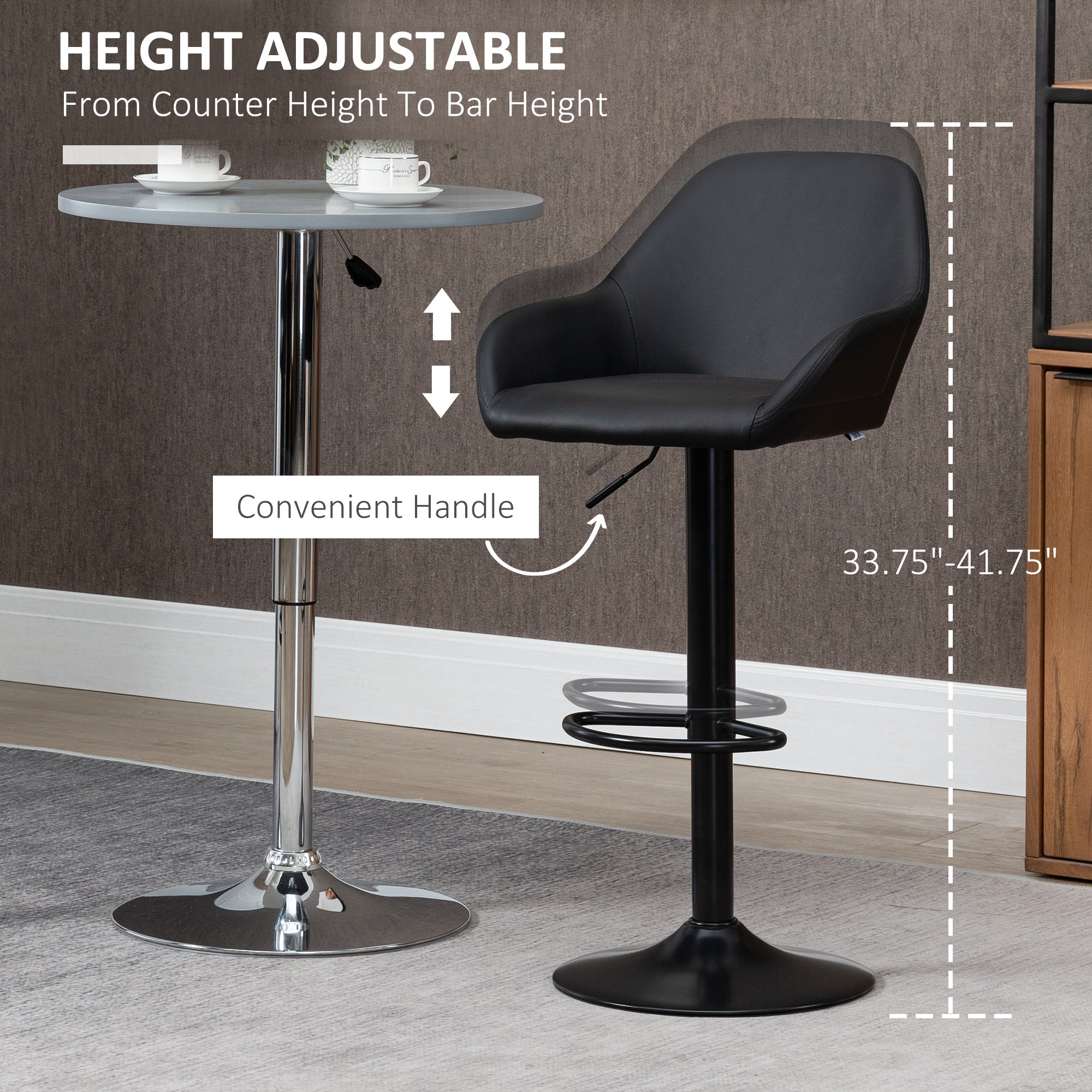 Adjustable Bar Stools Set of 2, Swivel Barstools with Footrest and Back, PU Leather and Steel Round Base, Black