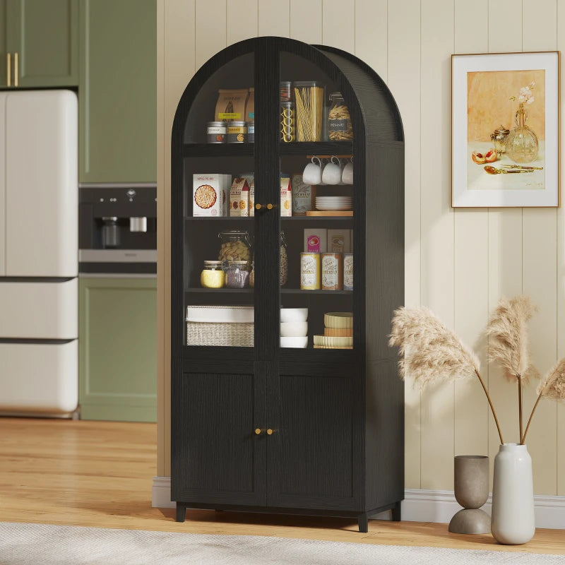 Affordable 71 inch black arched kitchen pantry cabinet with glass doors