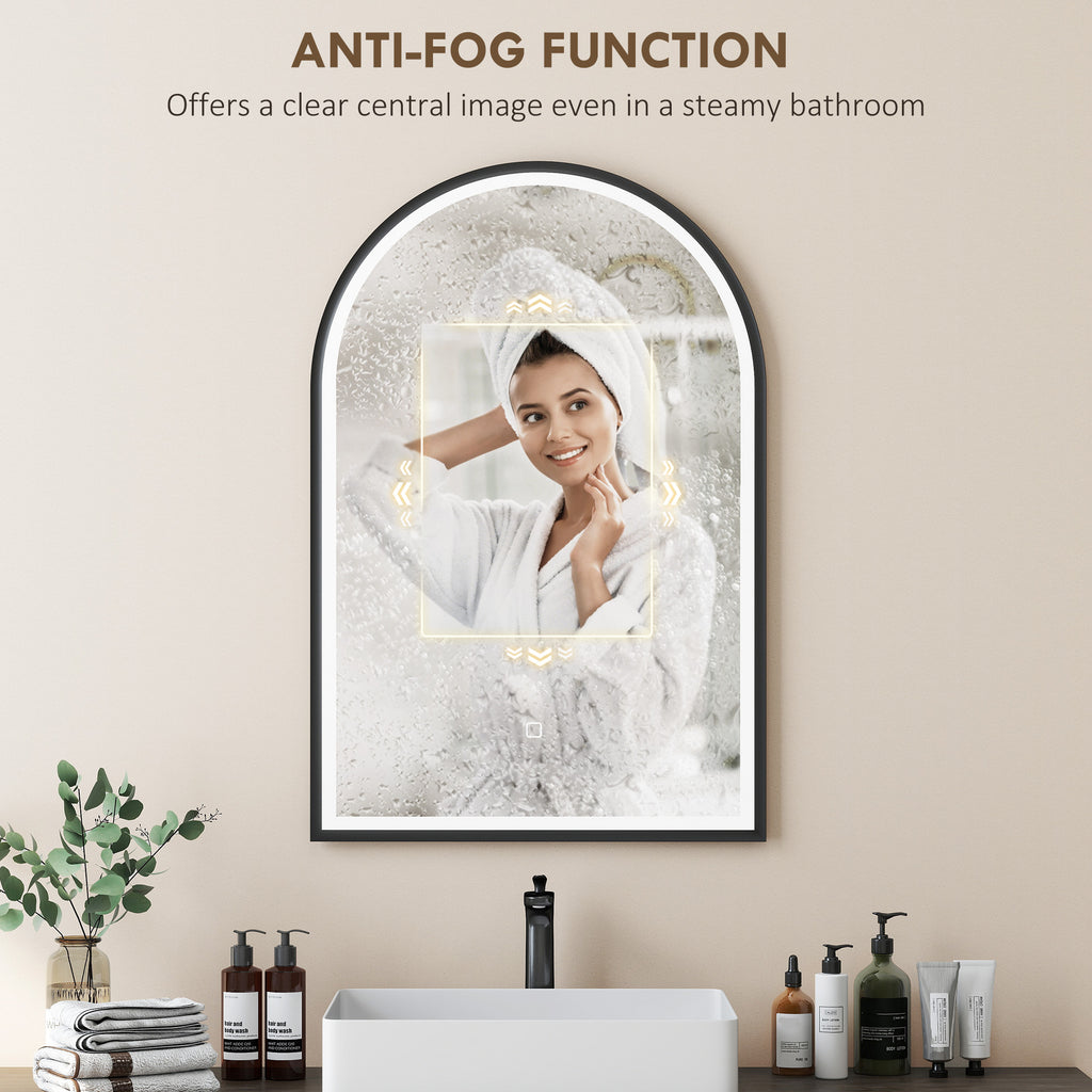 24" x 36" LED Bathroom Mirror, Arched Tempered Glass Wall Mirror, Anti-Fog, Dimmable, Memory Function, Black