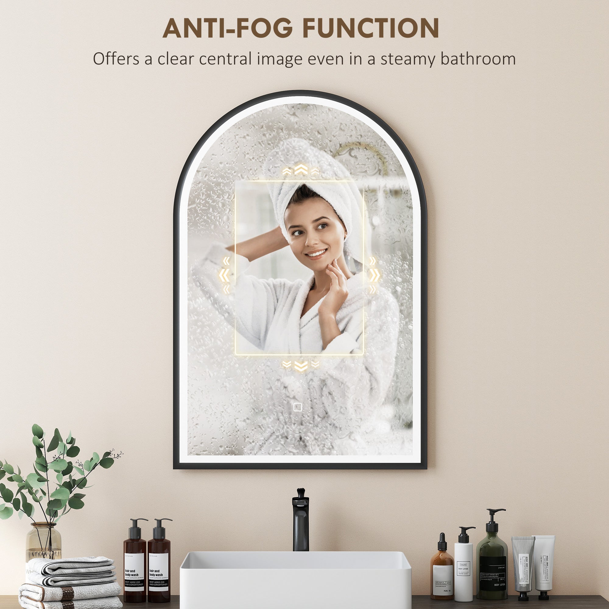 24" x 36" LED Bathroom Mirror, Arched Tempered Glass Wall Mirror, Anti-Fog, Dimmable, Memory Function, Black