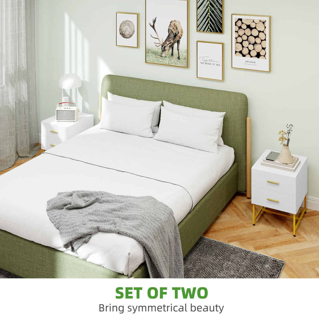 2 Pieces Nightstands with Storage, Modern Bedside Tables with 2 Fluted Drawers and Gold Legs for Bedroom, White