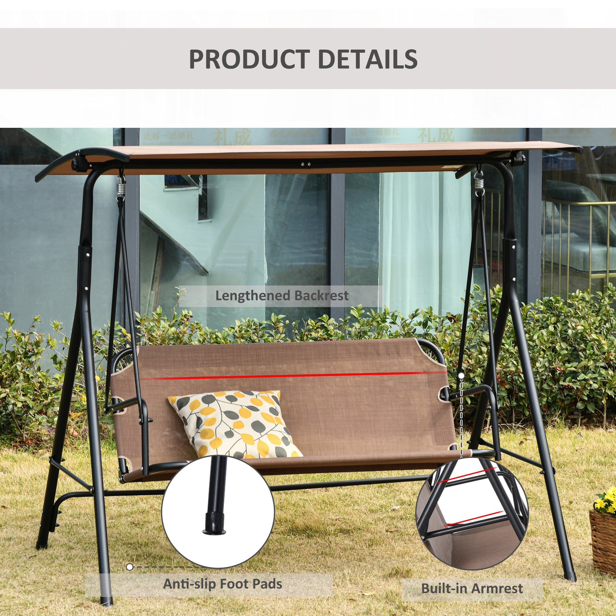 2-Person Porch Swing Chair, 2 Seater Patio Swing Bench w/ Adjustable Canopy, Breathable Seat for Garden, Poolside, Brown
