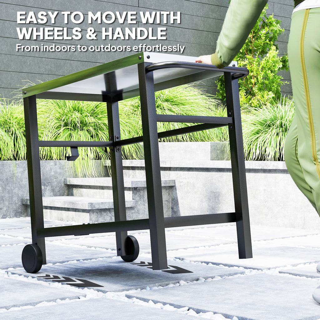 Outdoor Grill Dining Cart with Stainless Steel Tabletop, 2-Shelf BBQ Movable Pizza Oven Stand with Wheels, Charcoal Grey