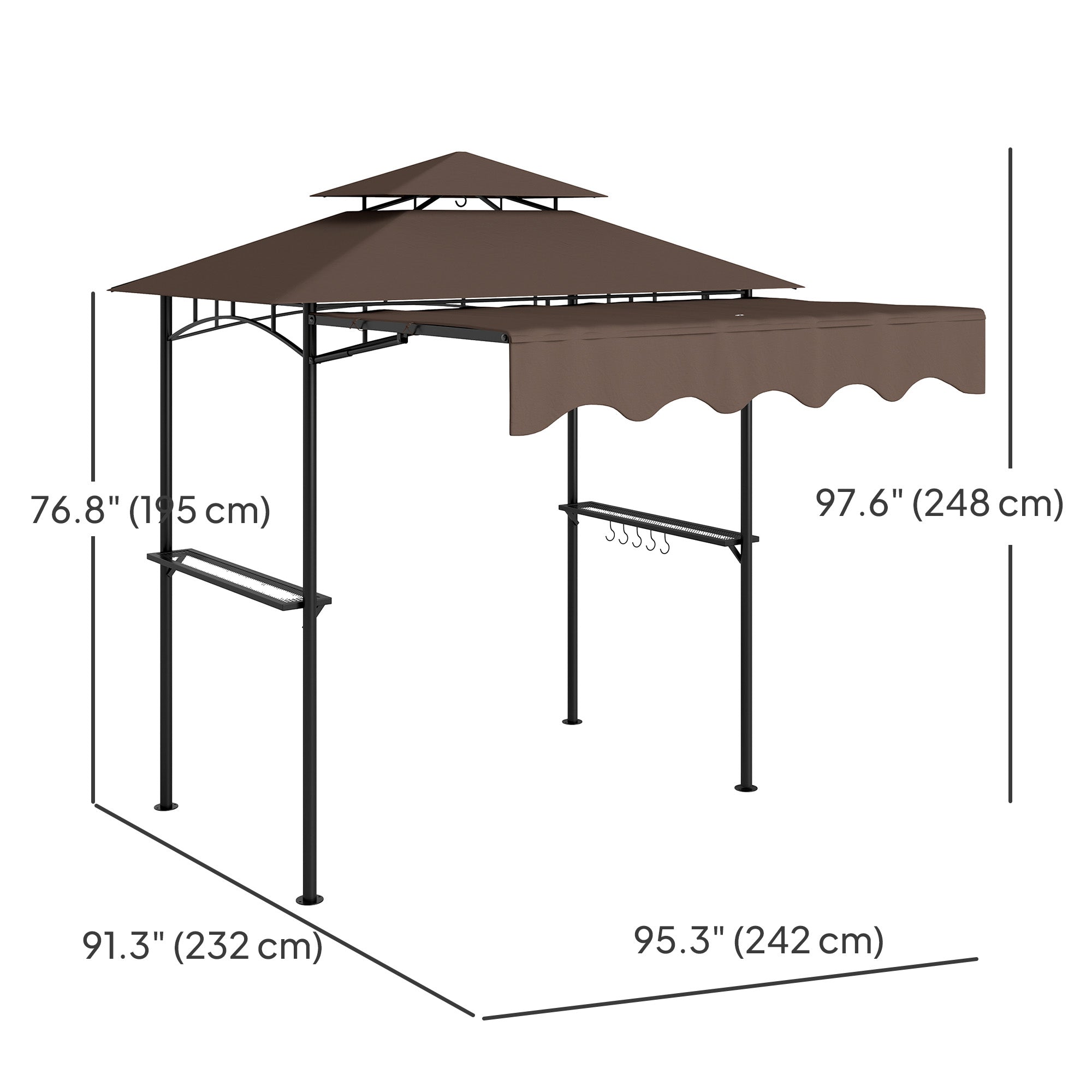 8' x 7.6' Grill Gazebo, Double Tiered Barbecue Grill Gazebo Shelter w/ Side Awning, 2 Side Shelves, 6 Hooks, Brown
