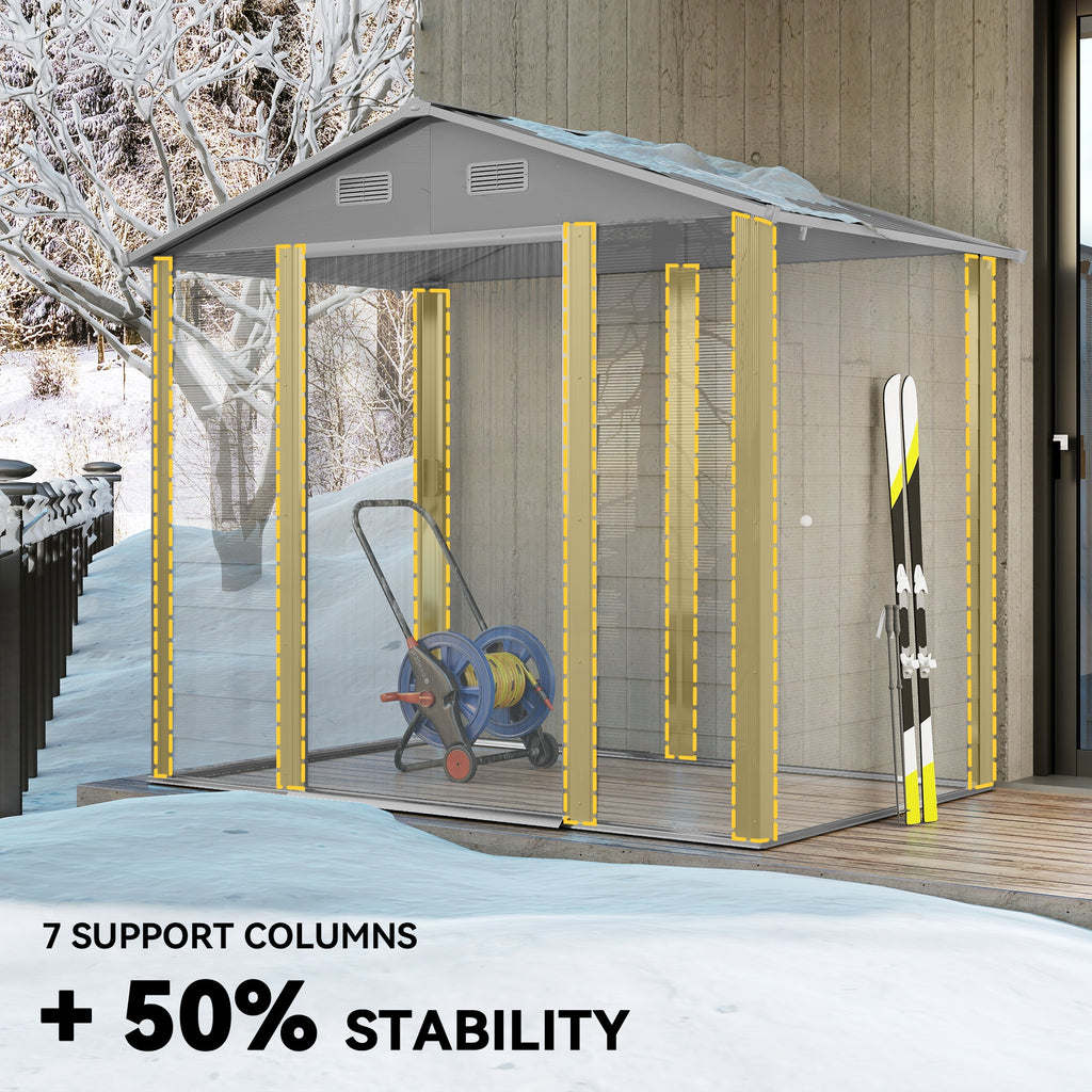 7.7' x 6.5' Outdoor Metal Garden Shed House Hut Gardening Tool Storage with Ventilation, Light Grey