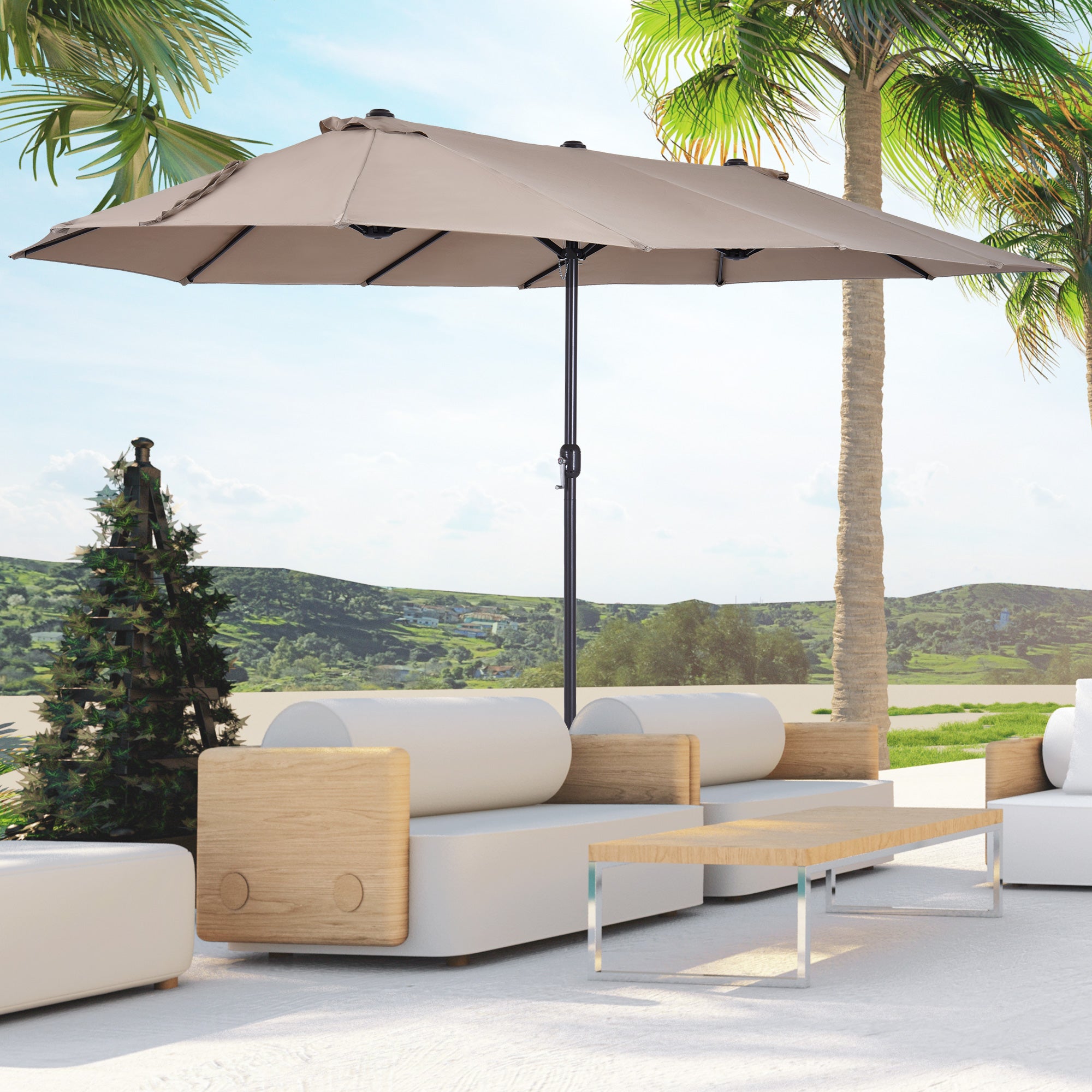15'x 8.7' Outdoor Patio Umbrella with Twin Canopy Backyard Umbrella with Lift Crank Tan