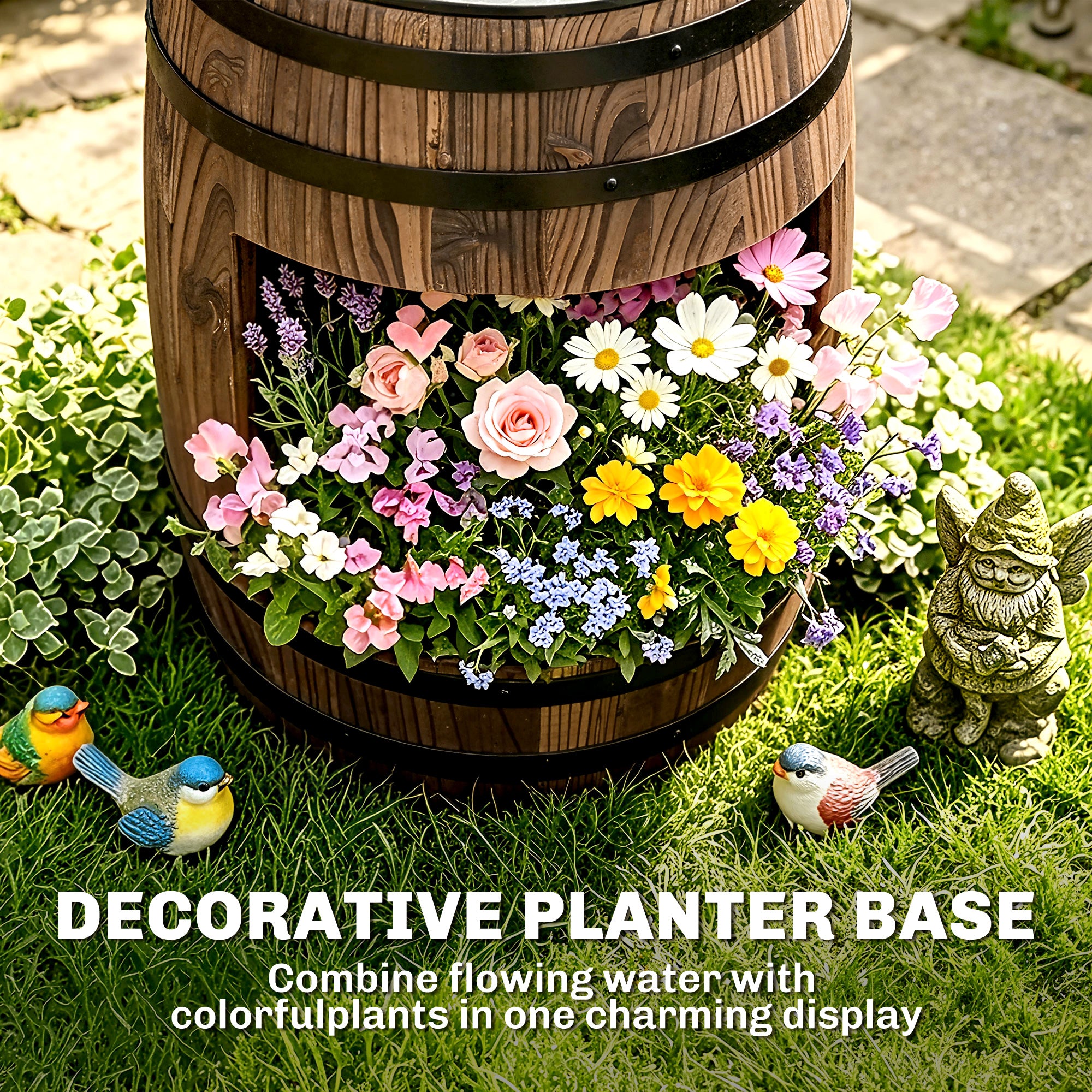 Wooden Outdoor Fountain, Electrical Barrel Waterfall with 3600r/min Speed Pump for Patio, Backyard, Carbonized