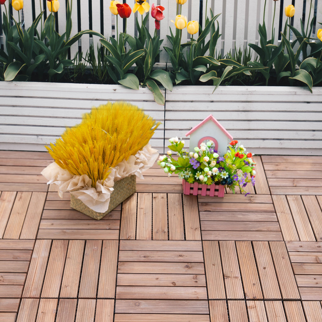 27 Pcs Wood Interlocking Deck Tiles, 12 x 12in Outdoor Flooring Tiles for Indoor and Outdoor Use, Tools Free Assembly, Brown
