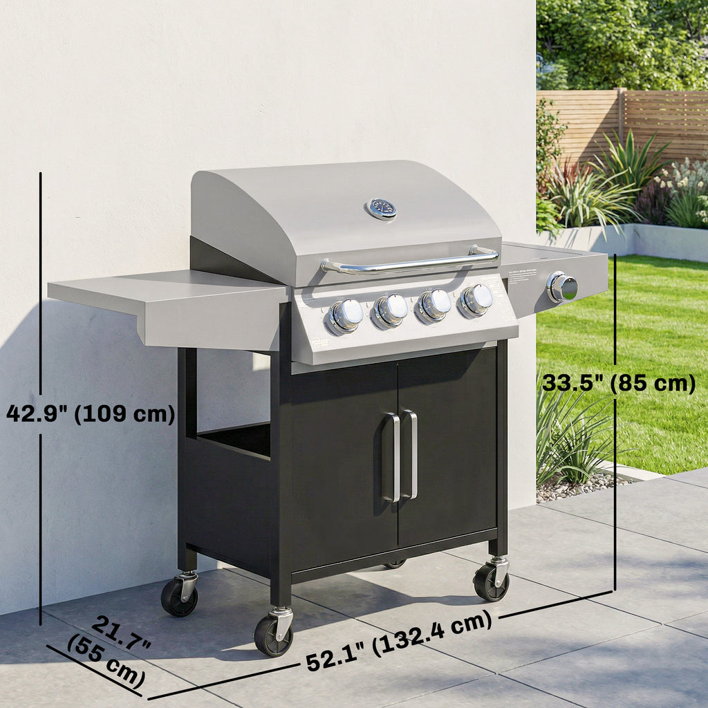 4+1 Burner Liquid Propane Gas Grill, Outdoor Portable BBQ Grill with Side Burner, Warming Rack, Side Shelf