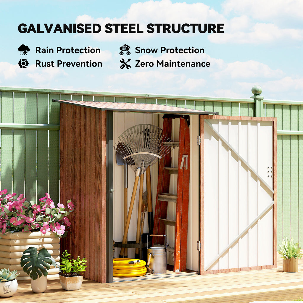 3.3' x 3.4' Lean-to Garden Storage Shed, Outdoor Galvanized Steel Tool House with Lockable Door for Patio, Teak