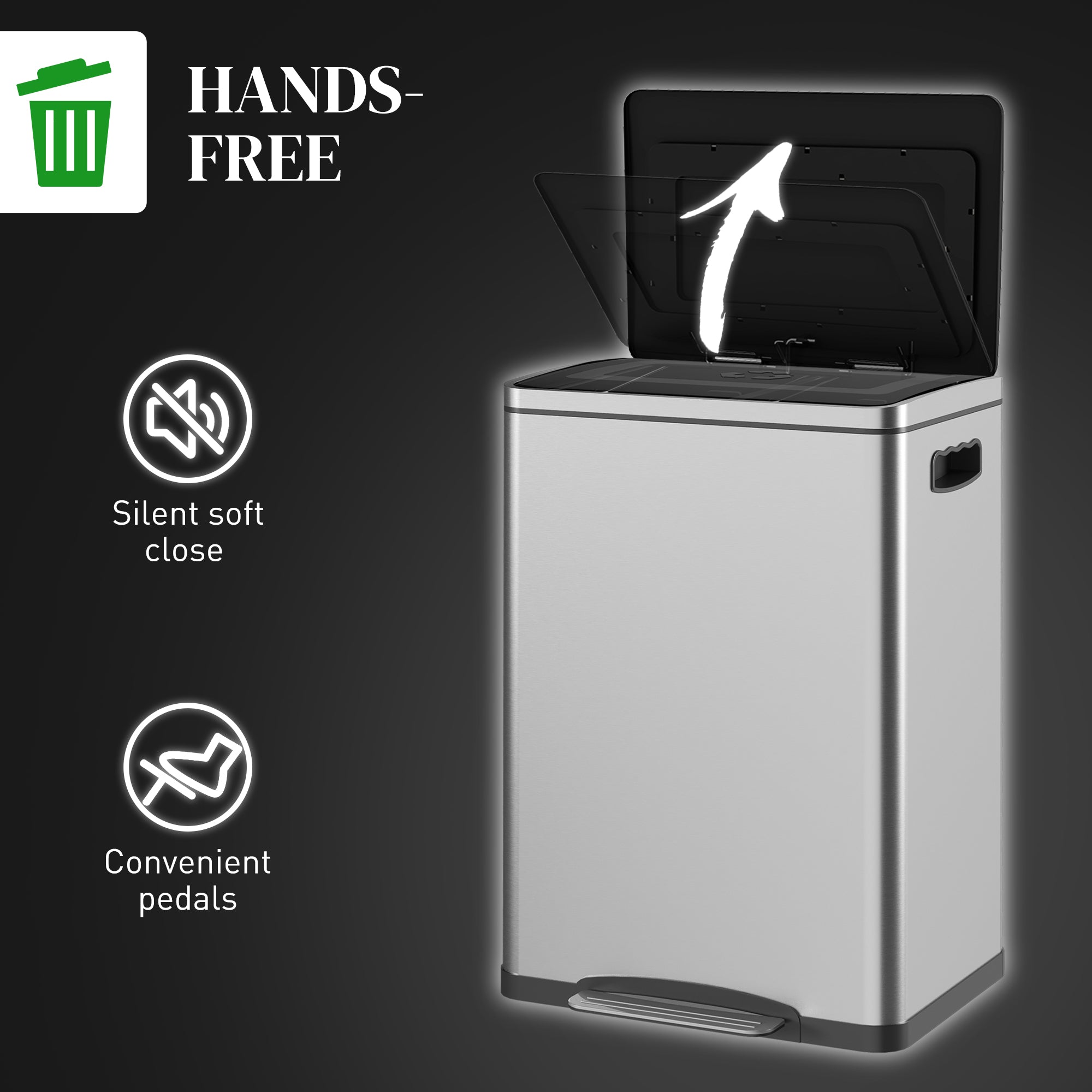 2x5.3 gal (2x20 L) Garbage Bin, Stainless Steel Garbage Can with Soft-Close Lid and Removable Inner Buckets, Silver