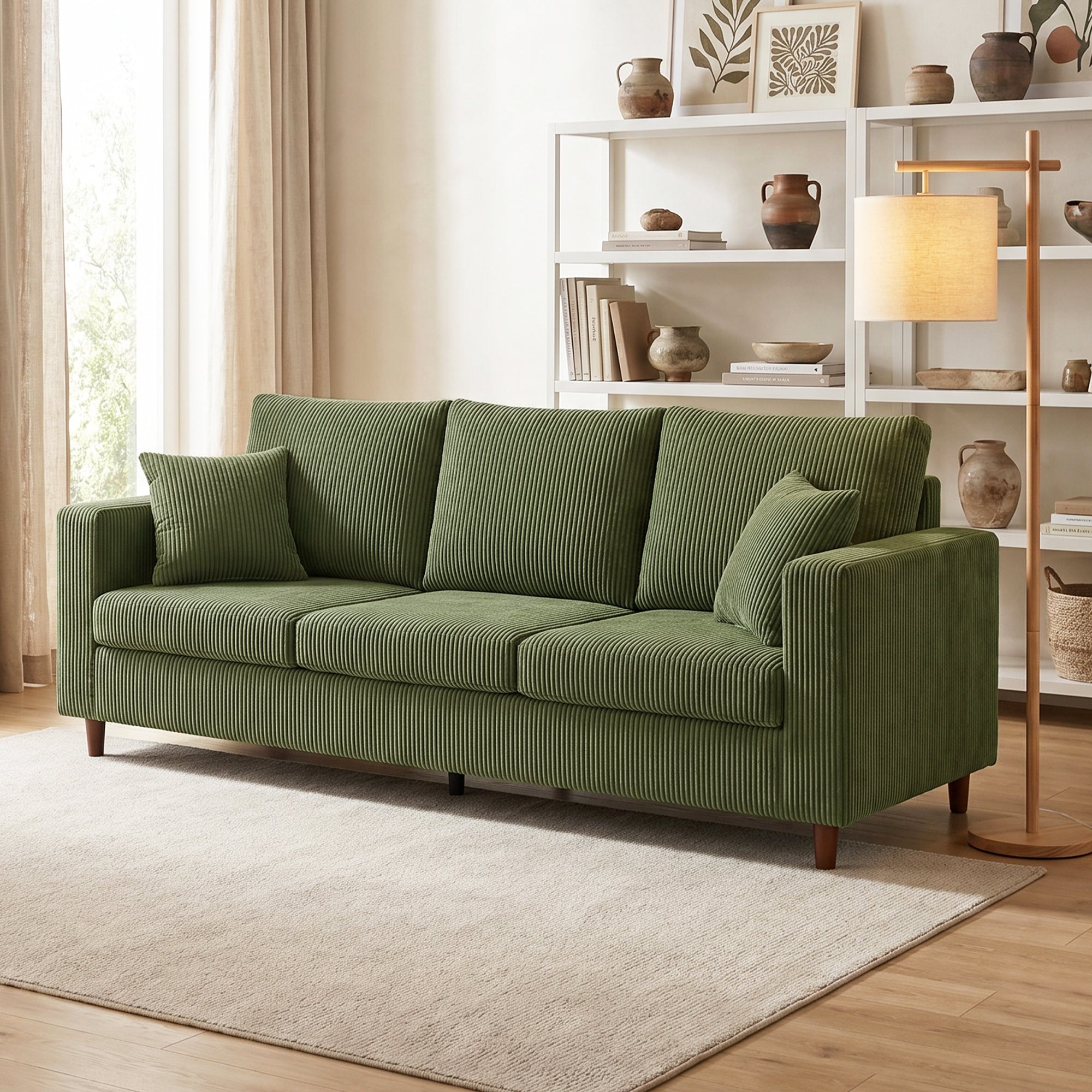 3 Seater Sofa with Wide Seat, Corduroy Couch with Deep Seat, Spring Cushion, Green