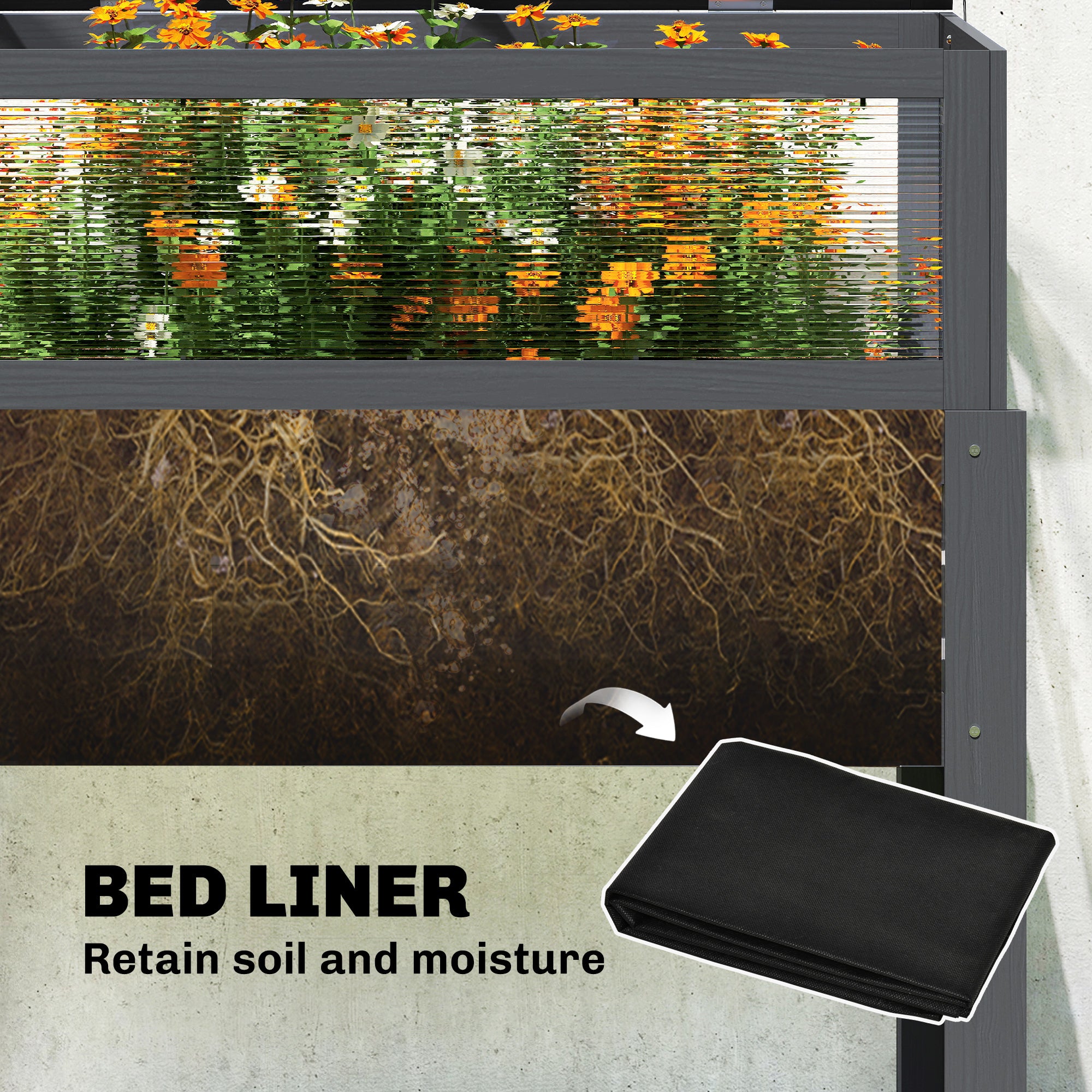 Raised Garden Bed with Flip-Up Greenhouse Top, Wooden Elevated Planter Box with Legs and Liner, Grey
