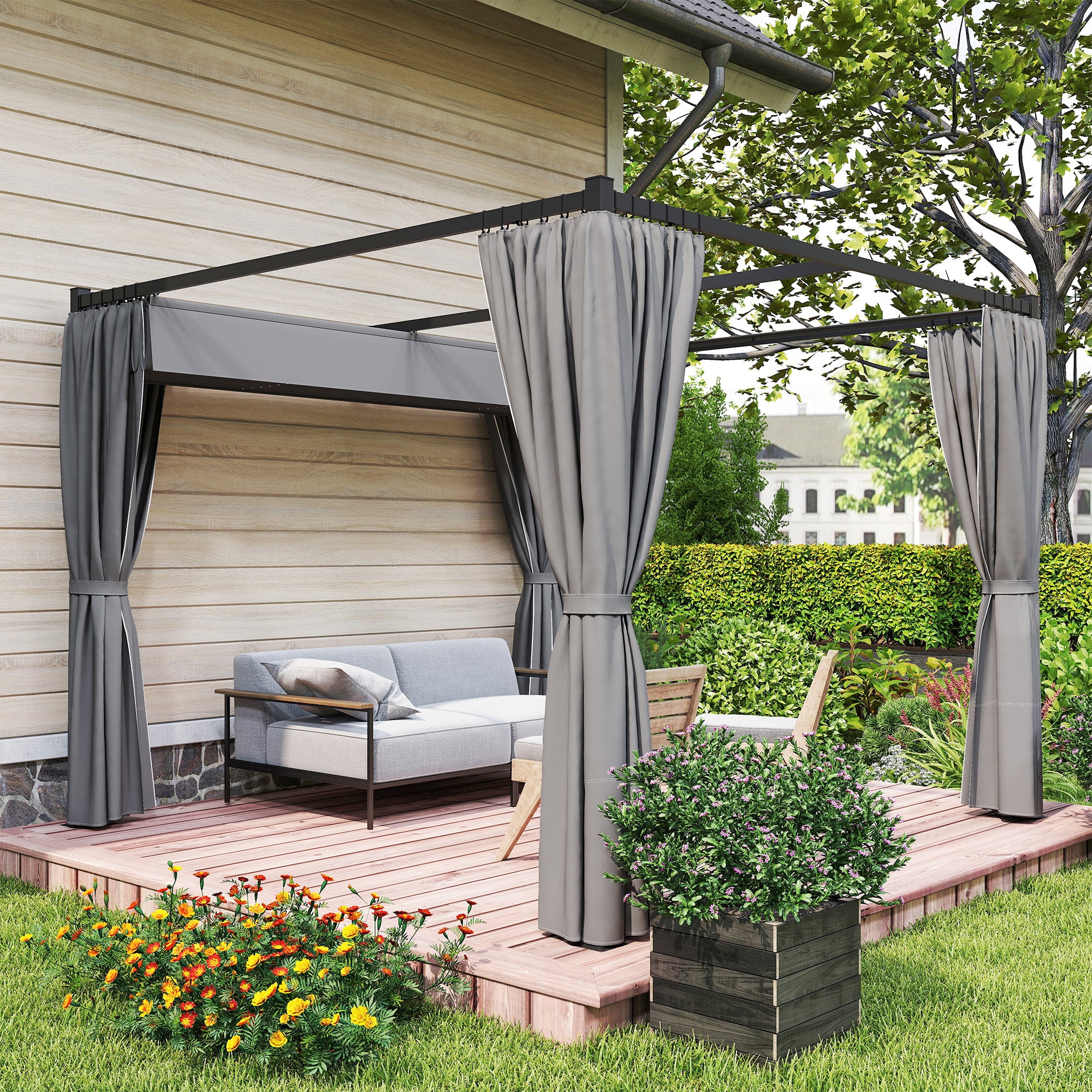 10' x 10' Retractable Pergola Canopy with Sidewalls, Metal Outdoor Gazebo Sun Shade Shelter, Light Grey