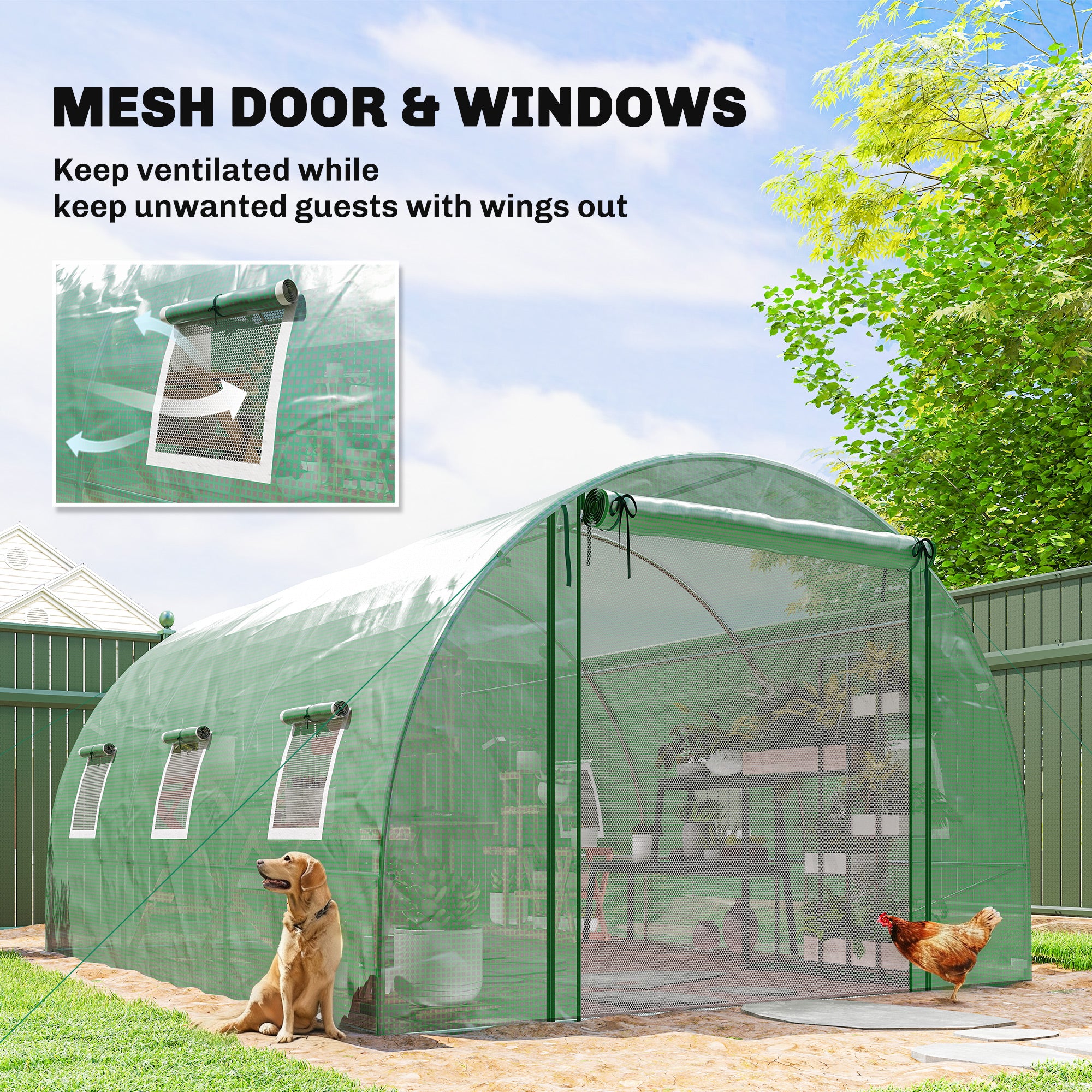 Walk-in Tunnel Greenhouse, Plant Hot House w/ Support Rods, Roll-up Mesh Door, Mesh Windows, 13'x9.8'x6.6', Green