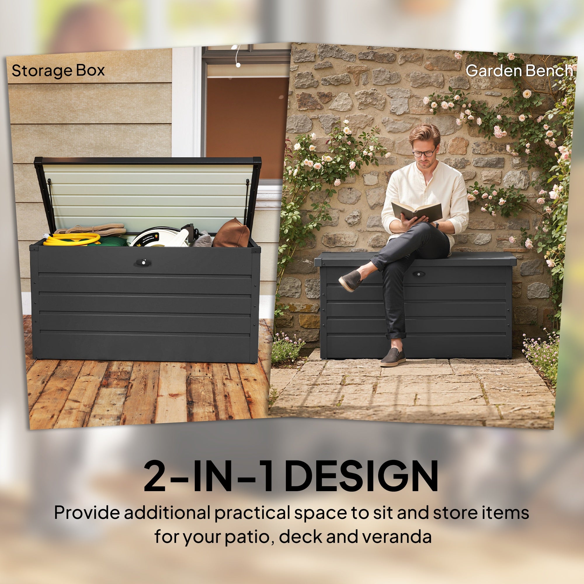 Large Deck Box, Outdoor Storage Container with Lock for Pool Toys, Garden Tools, Furniture and Sports Equipment, Grey